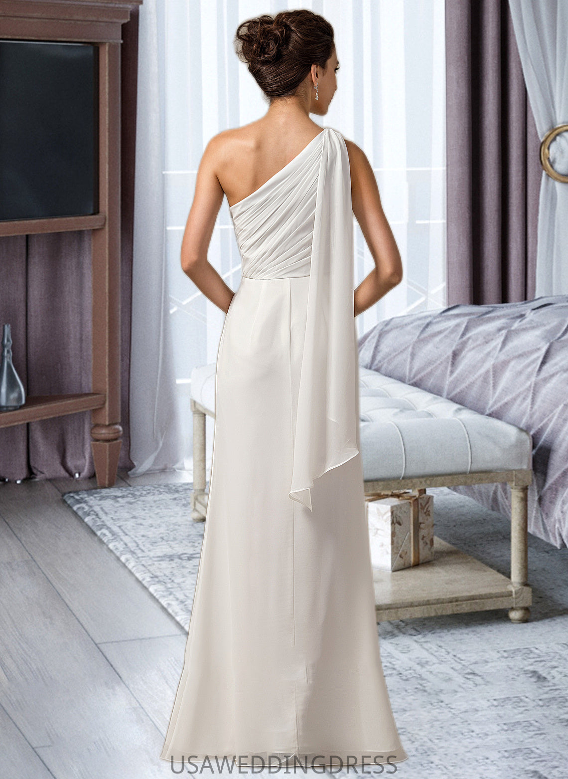 Karla Sheath/Column One Shoulder Floor-Length Chiffon Bridesmaid Dress With Ruffle DSP0012820