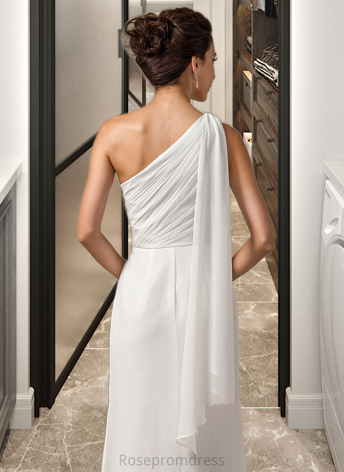 Janelle Sheath/Column One Shoulder Floor-Length Chiffon Bridesmaid Dress With Ruffle SRSP0012820
