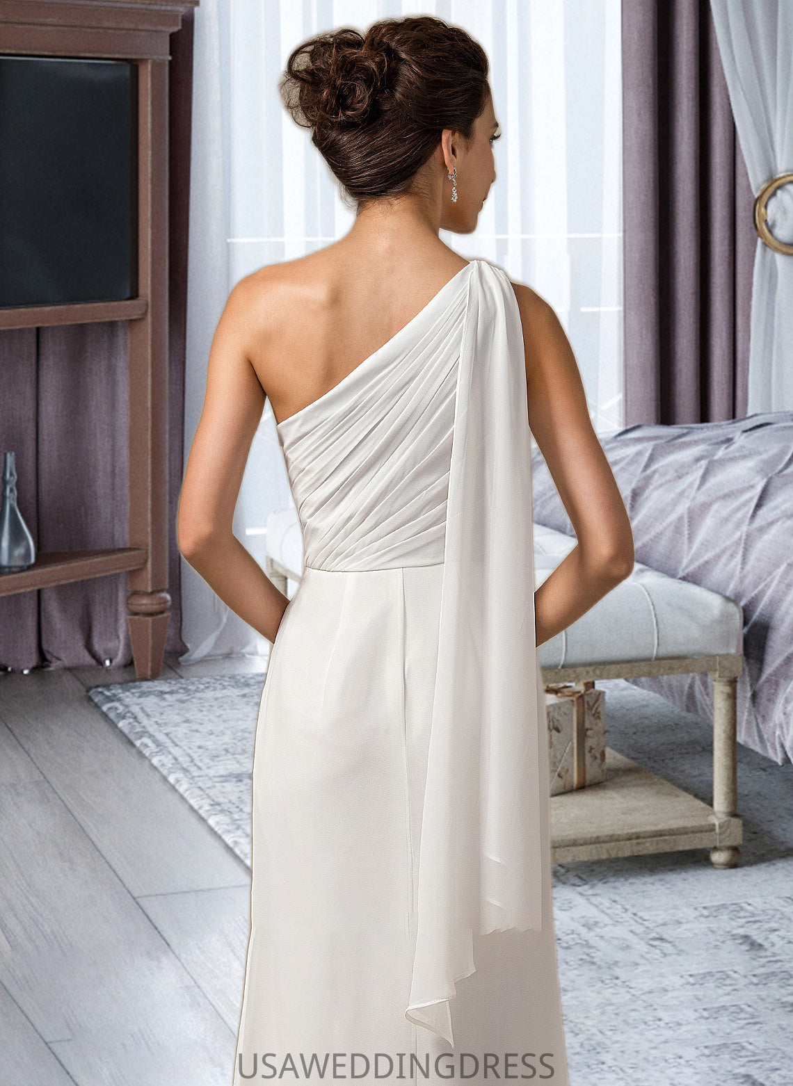 Karla Sheath/Column One Shoulder Floor-Length Chiffon Bridesmaid Dress With Ruffle DSP0012820