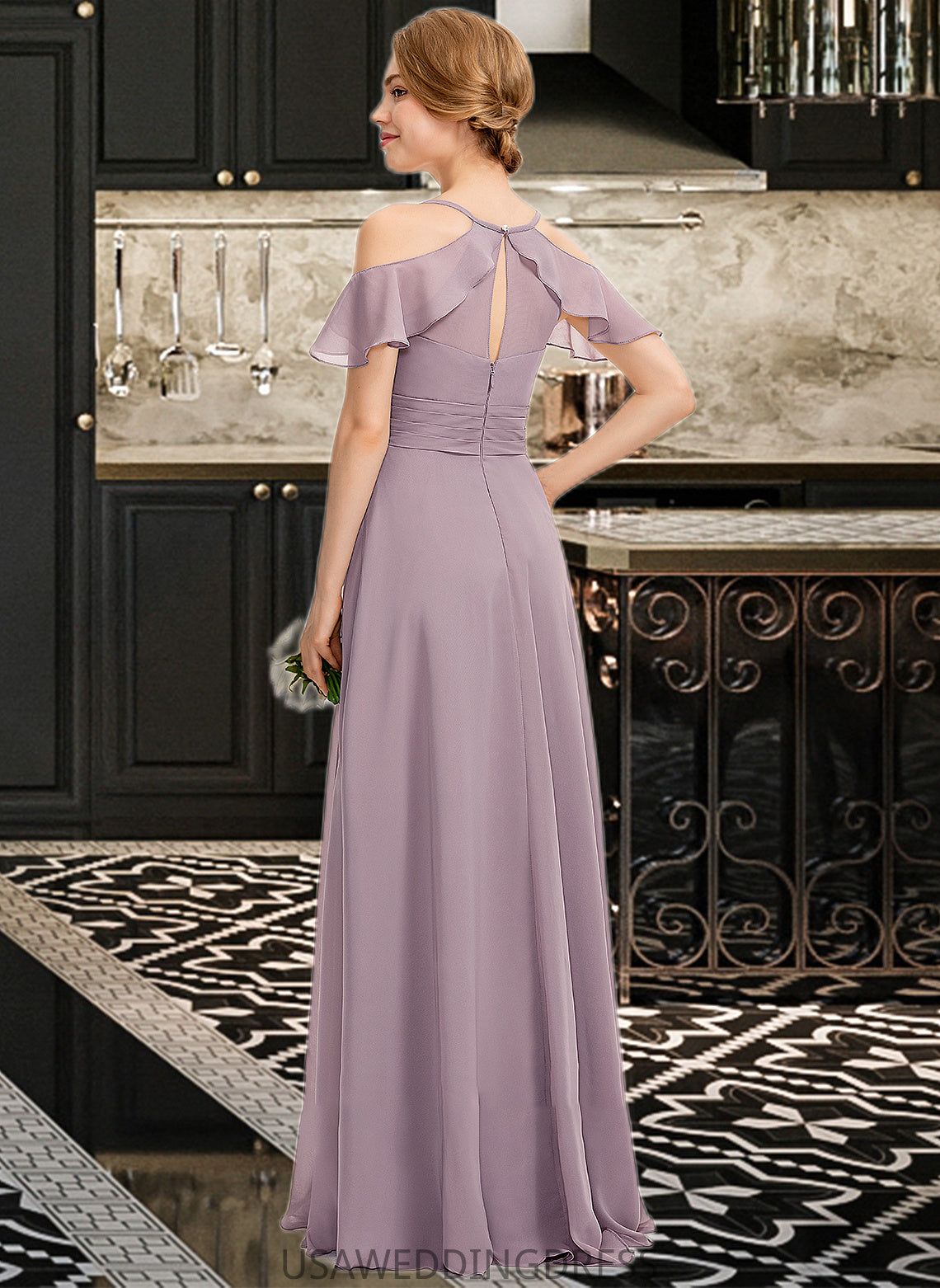 Reagan A-Line V-neck Floor-Length Chiffon Bridesmaid Dress With Ruffle Split Front Cascading Ruffles DSP0012822