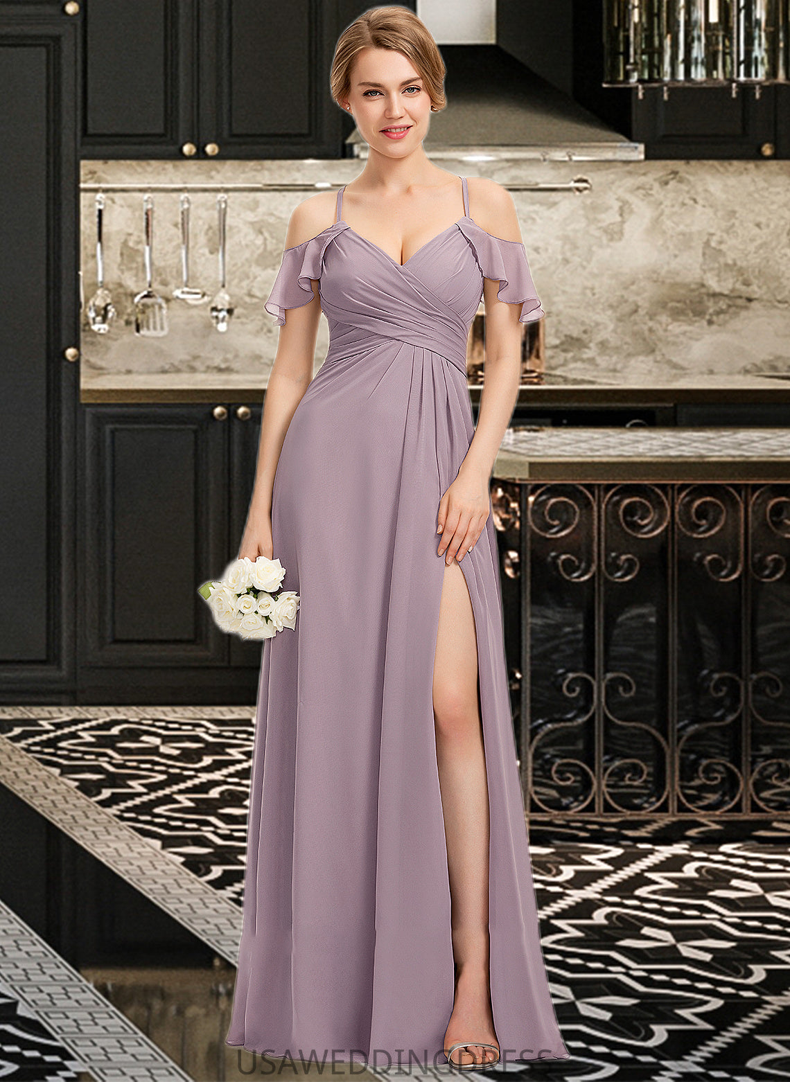 Reagan A-Line V-neck Floor-Length Chiffon Bridesmaid Dress With Ruffle Split Front Cascading Ruffles DSP0012822