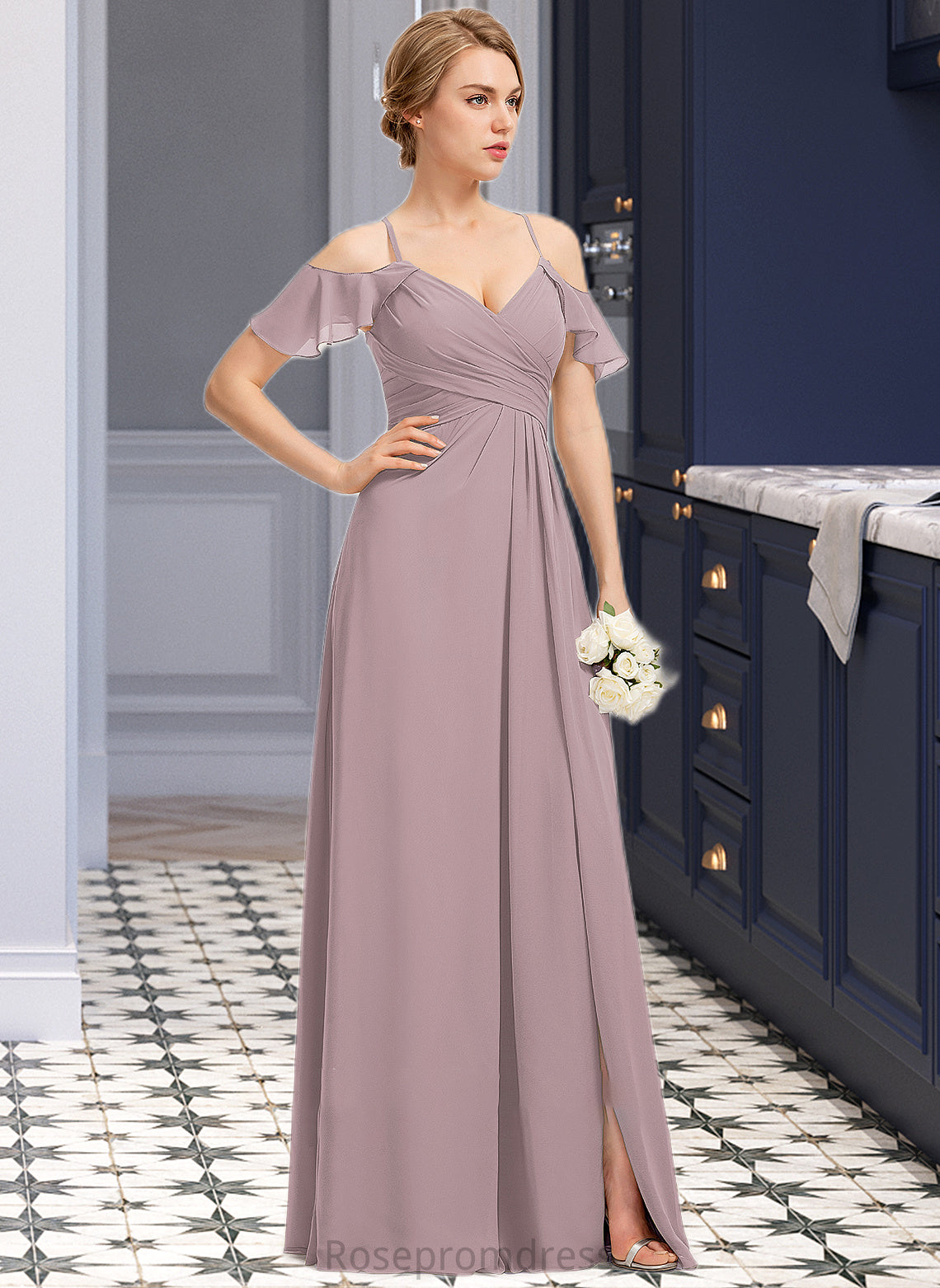 Hope A-Line V-neck Floor-Length Chiffon Bridesmaid Dress With Ruffle Split Front Cascading Ruffles SRSP0012822