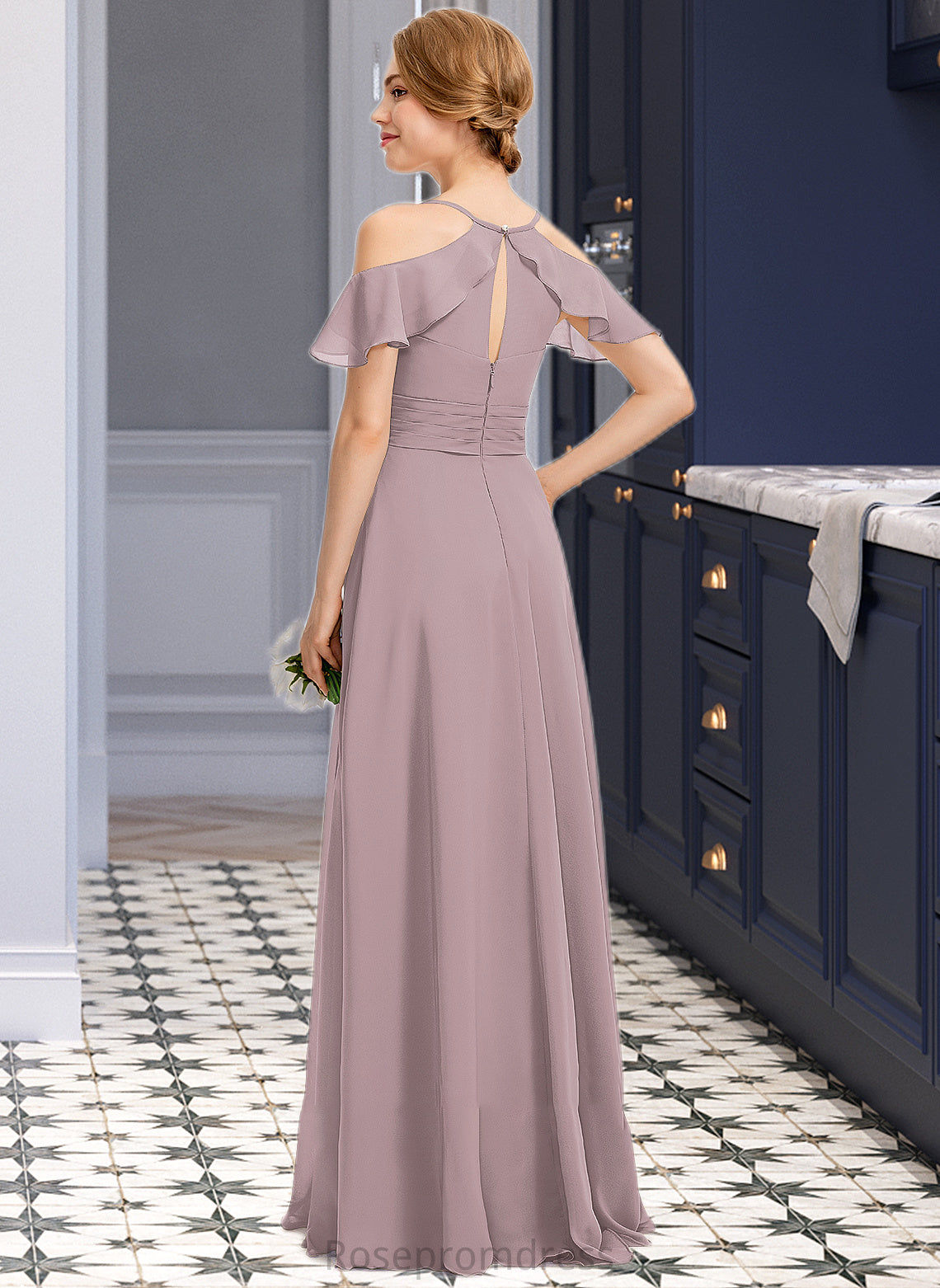 Hope A-Line V-neck Floor-Length Chiffon Bridesmaid Dress With Ruffle Split Front Cascading Ruffles SRSP0012822