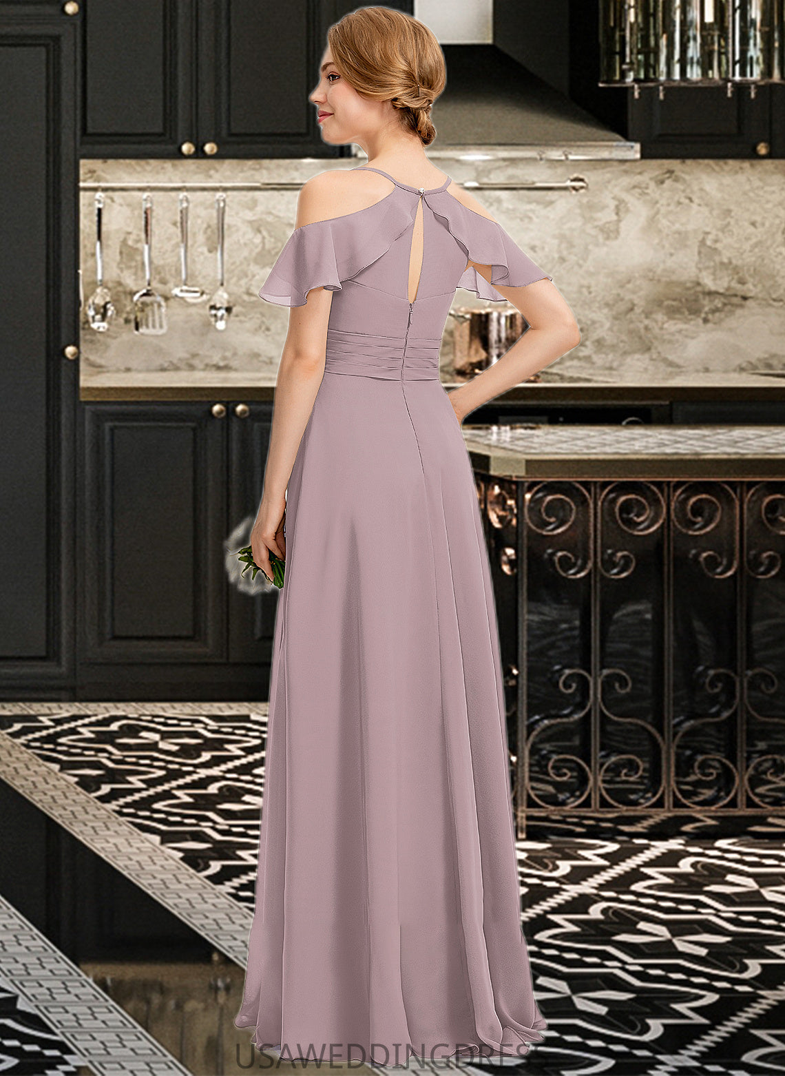 Reagan A-Line V-neck Floor-Length Chiffon Bridesmaid Dress With Ruffle Split Front Cascading Ruffles DSP0012822