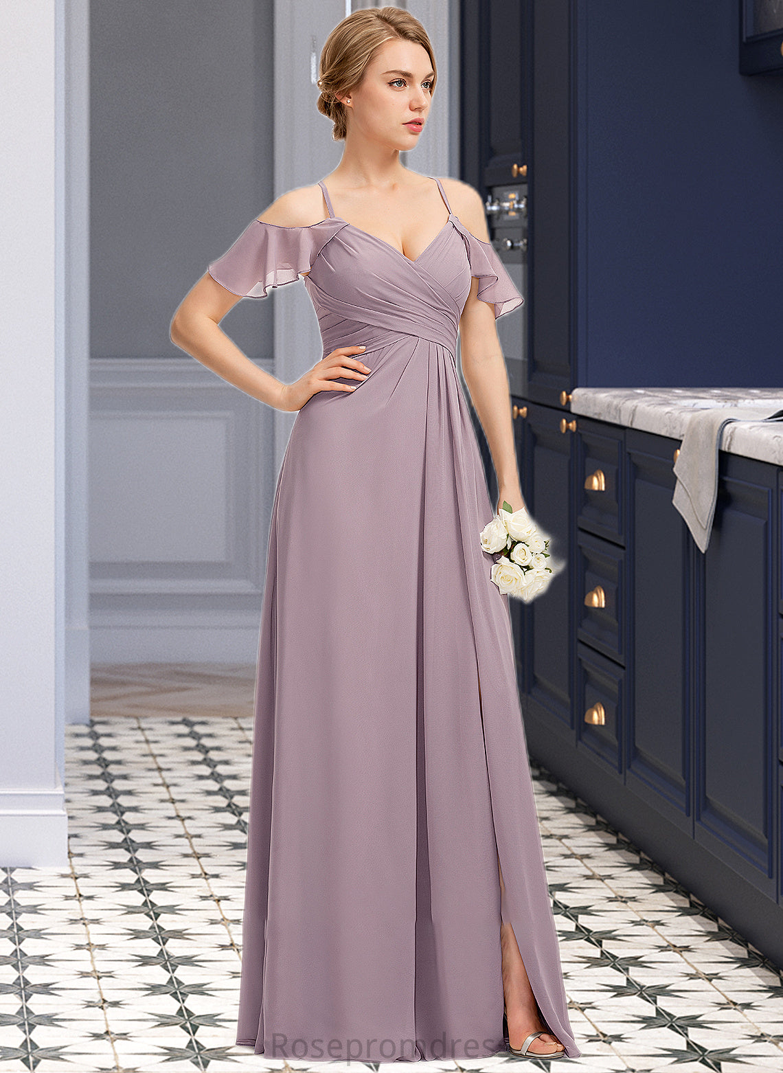 Hope A-Line V-neck Floor-Length Chiffon Bridesmaid Dress With Ruffle Split Front Cascading Ruffles SRSP0012822