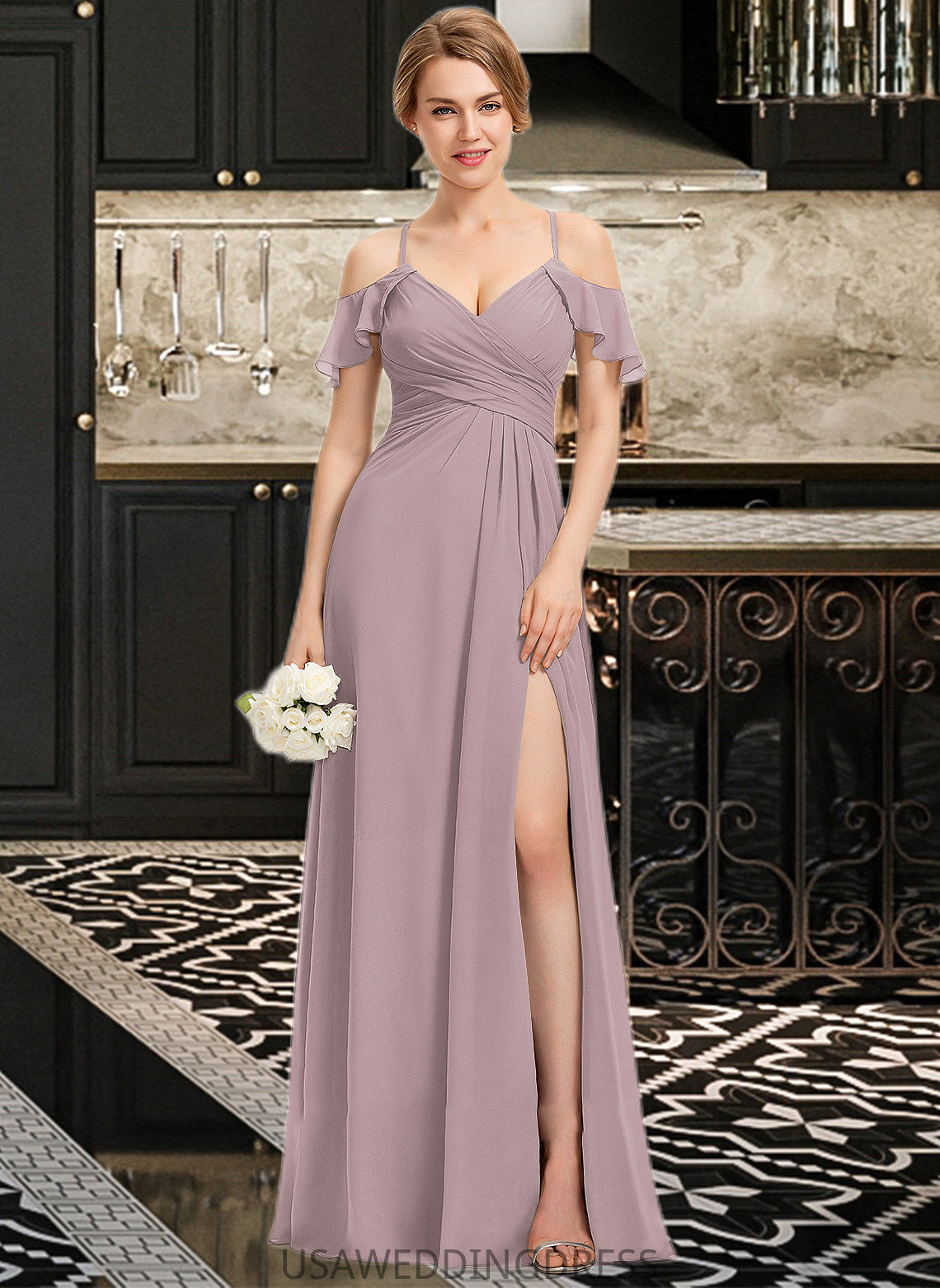 Reagan A-Line V-neck Floor-Length Chiffon Bridesmaid Dress With Ruffle Split Front Cascading Ruffles DSP0012822