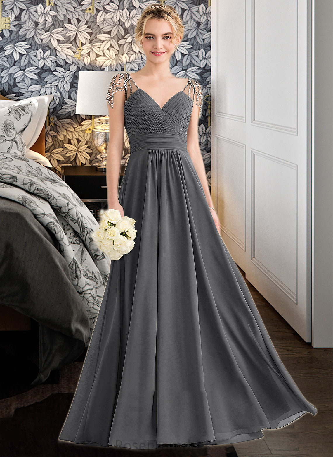 America A-Line V-neck Floor-Length Chiffon Bridesmaid Dress With Ruffle Beading Sequins SRSP0012823