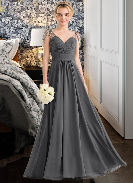 America A-Line V-neck Floor-Length Chiffon Bridesmaid Dress With Ruffle Beading Sequins SRSP0012823