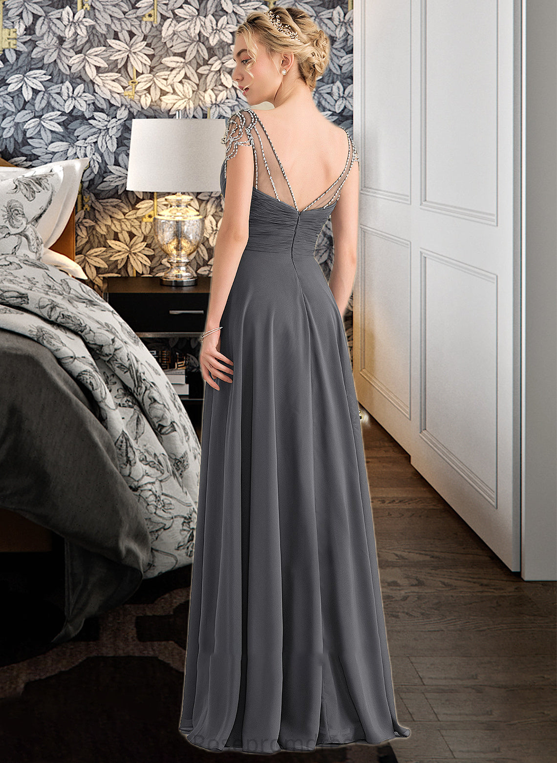 America A-Line V-neck Floor-Length Chiffon Bridesmaid Dress With Ruffle Beading Sequins SRSP0012823