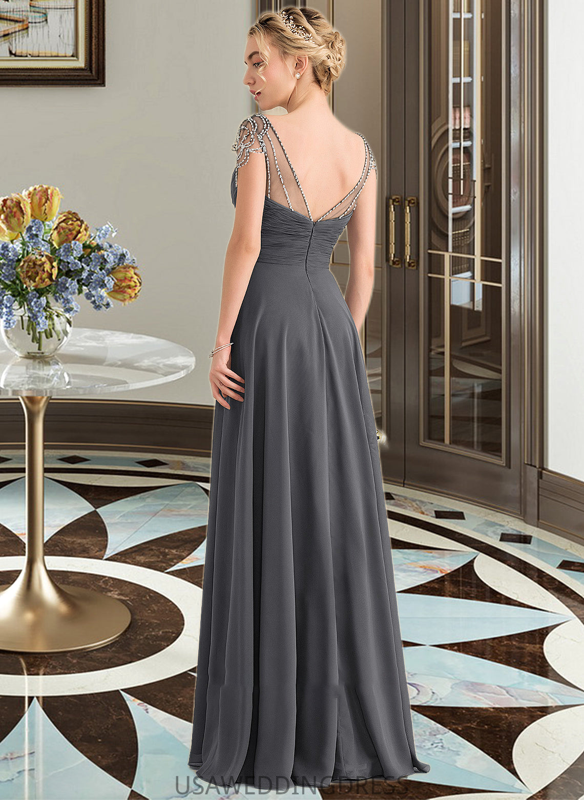 Payten A-Line V-neck Floor-Length Chiffon Bridesmaid Dress With Ruffle Beading Sequins DSP0012823