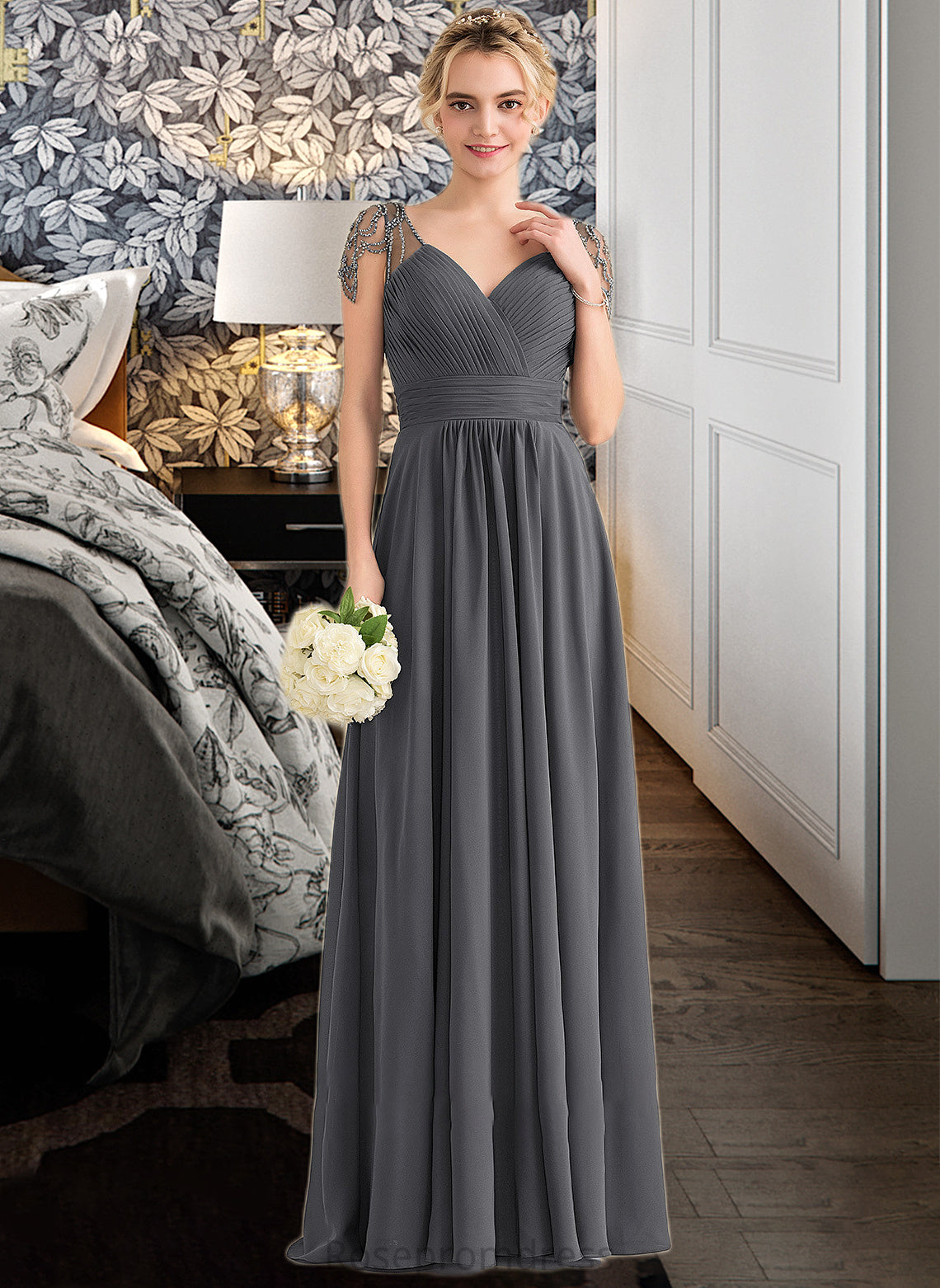 America A-Line V-neck Floor-Length Chiffon Bridesmaid Dress With Ruffle Beading Sequins SRSP0012823