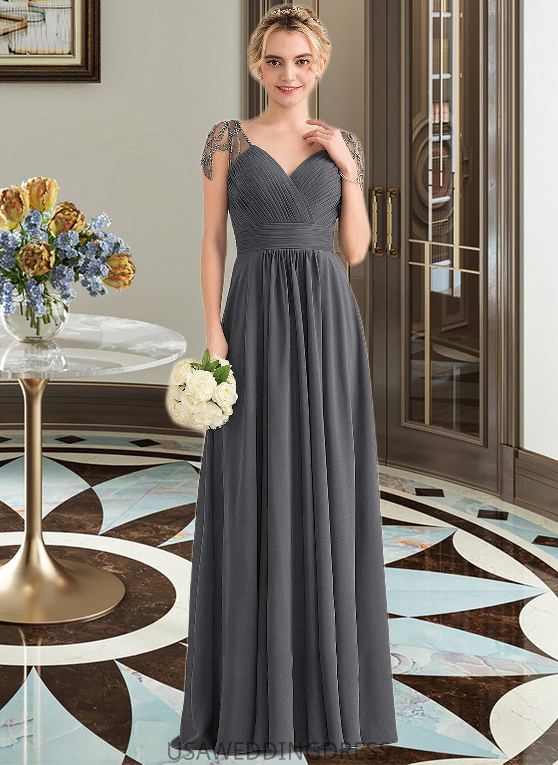 Payten A-Line V-neck Floor-Length Chiffon Bridesmaid Dress With Ruffle Beading Sequins DSP0012823