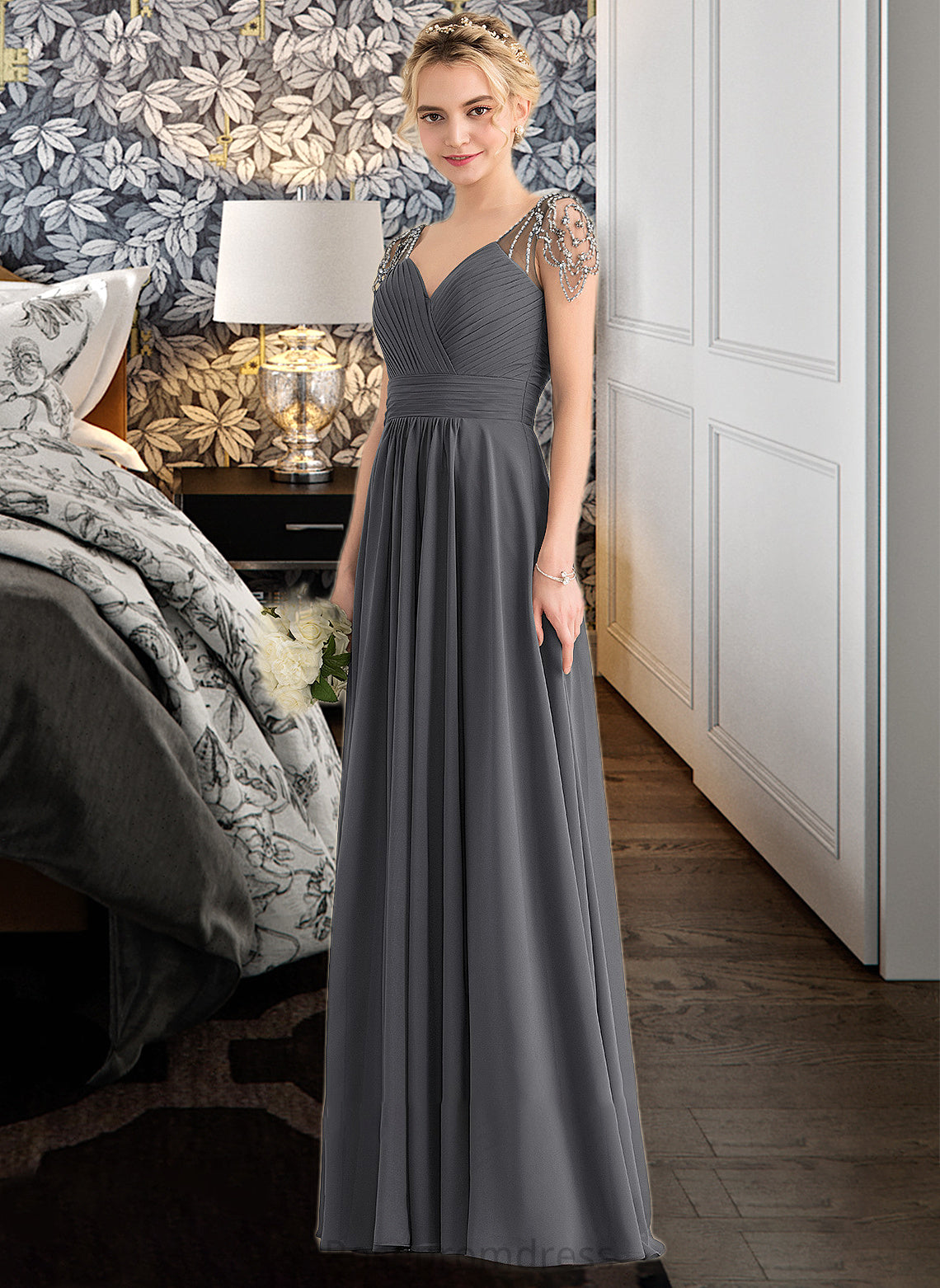 America A-Line V-neck Floor-Length Chiffon Bridesmaid Dress With Ruffle Beading Sequins SRSP0012823