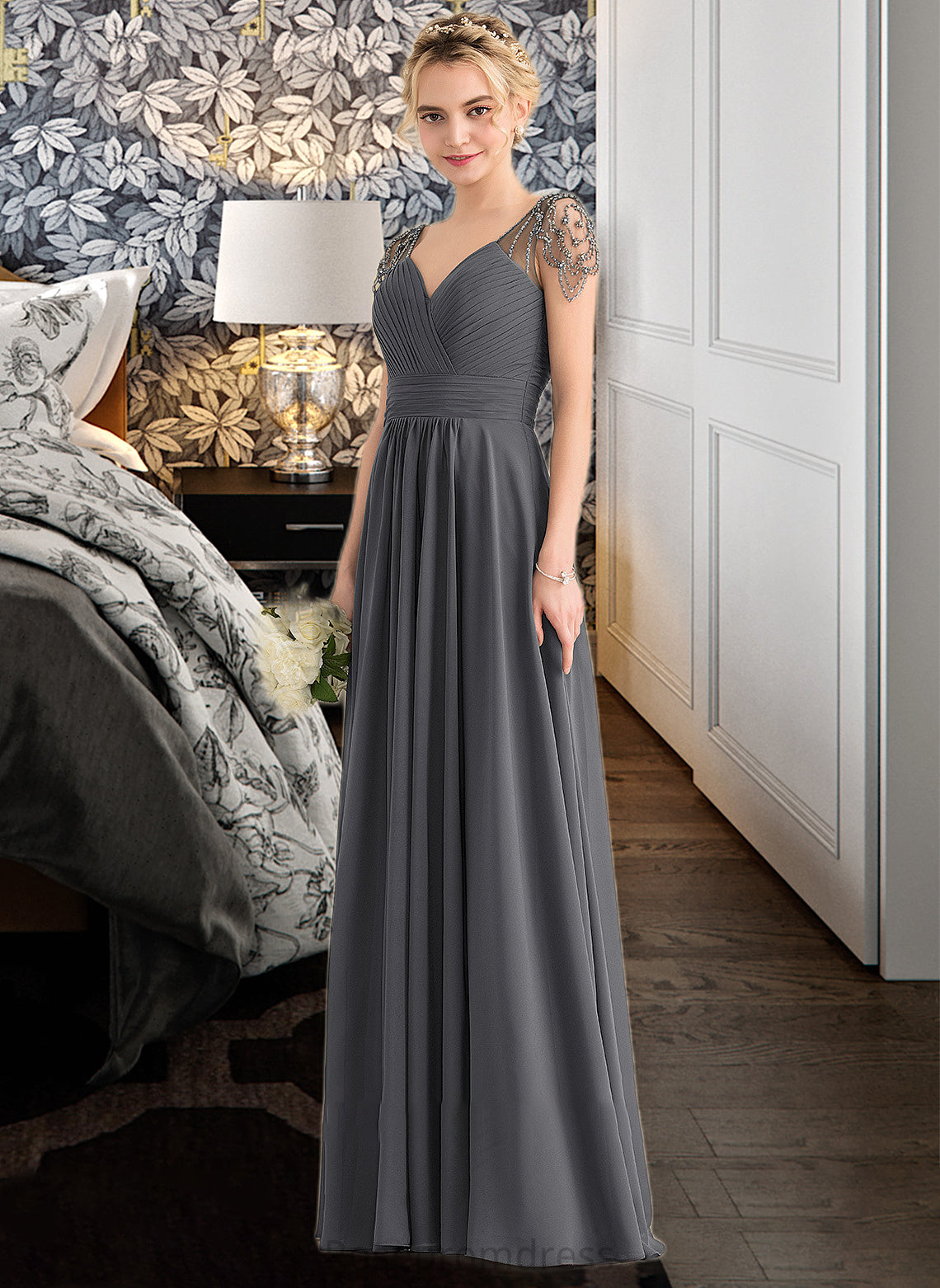 America A-Line V-neck Floor-Length Chiffon Bridesmaid Dress With Ruffle Beading Sequins SRSP0012823