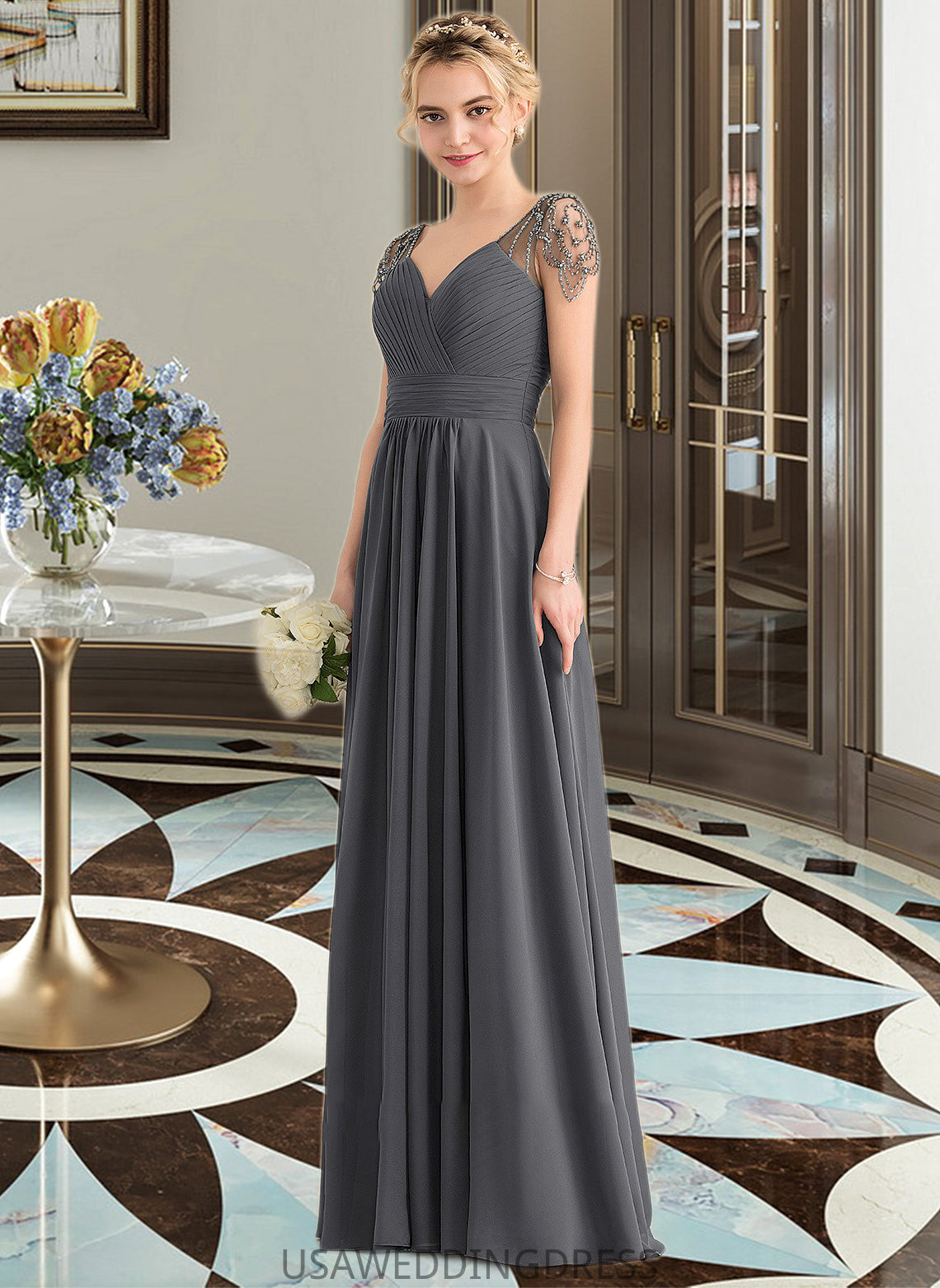 Payten A-Line V-neck Floor-Length Chiffon Bridesmaid Dress With Ruffle Beading Sequins DSP0012823