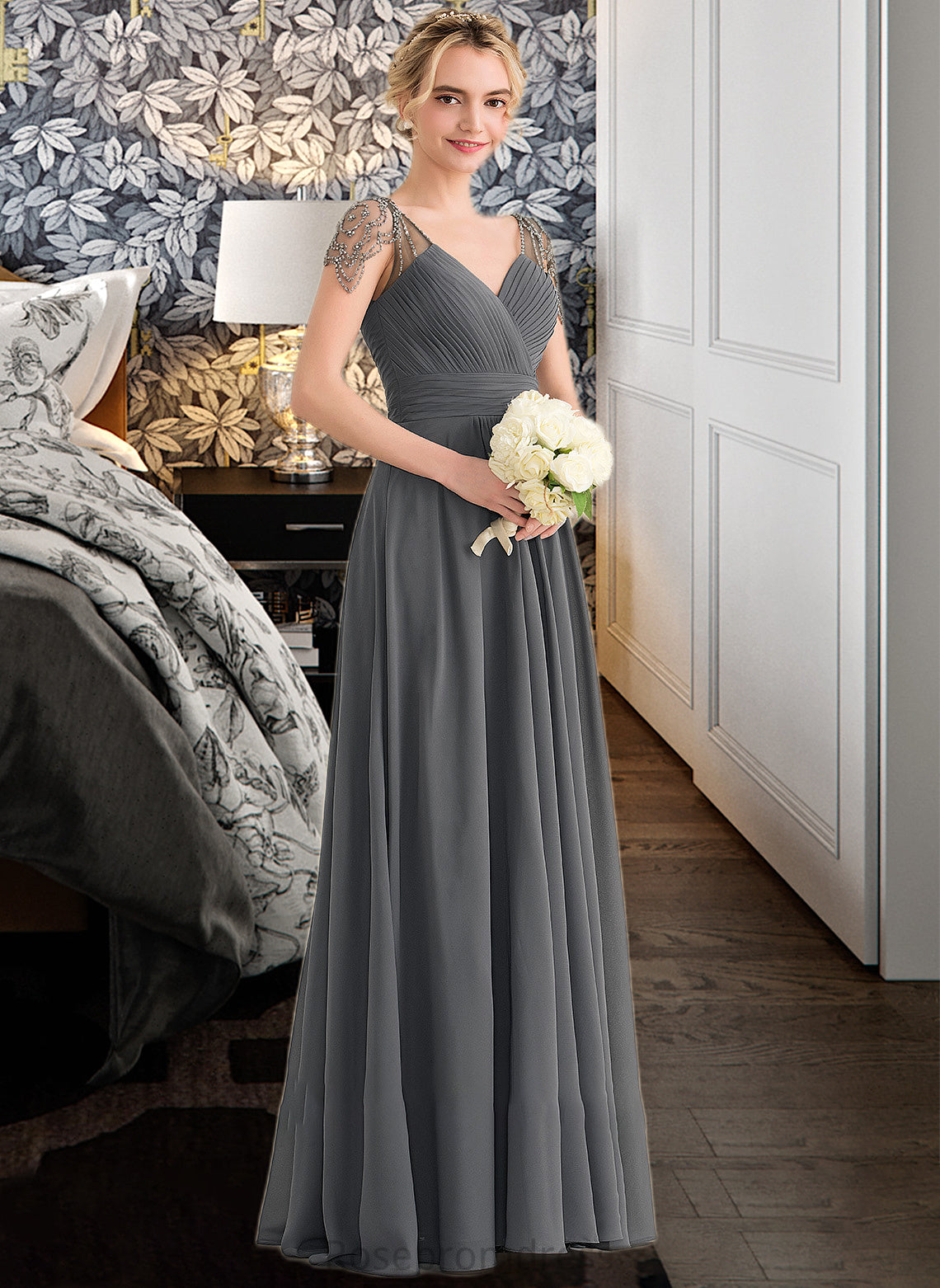 America A-Line V-neck Floor-Length Chiffon Bridesmaid Dress With Ruffle Beading Sequins SRSP0012823
