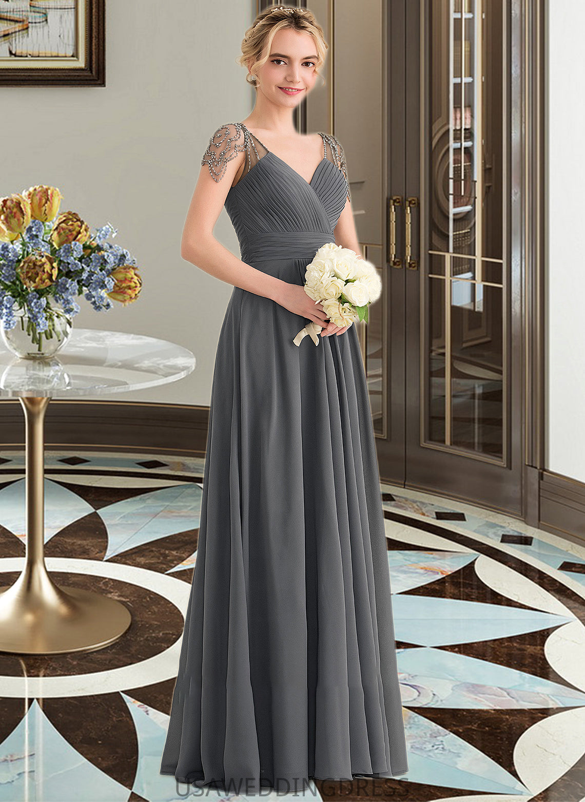 Payten A-Line V-neck Floor-Length Chiffon Bridesmaid Dress With Ruffle Beading Sequins DSP0012823