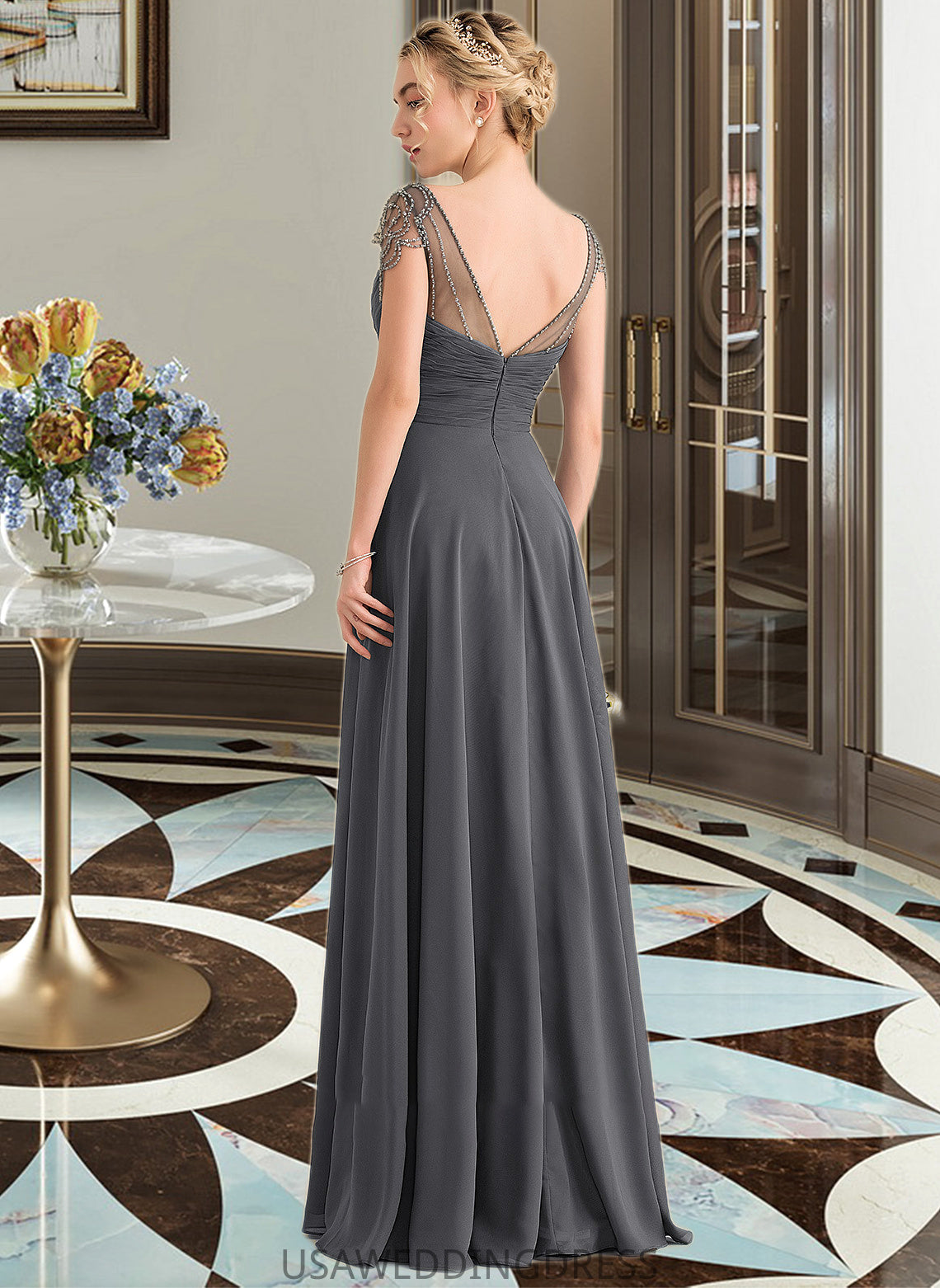 Payten A-Line V-neck Floor-Length Chiffon Bridesmaid Dress With Ruffle Beading Sequins DSP0012823