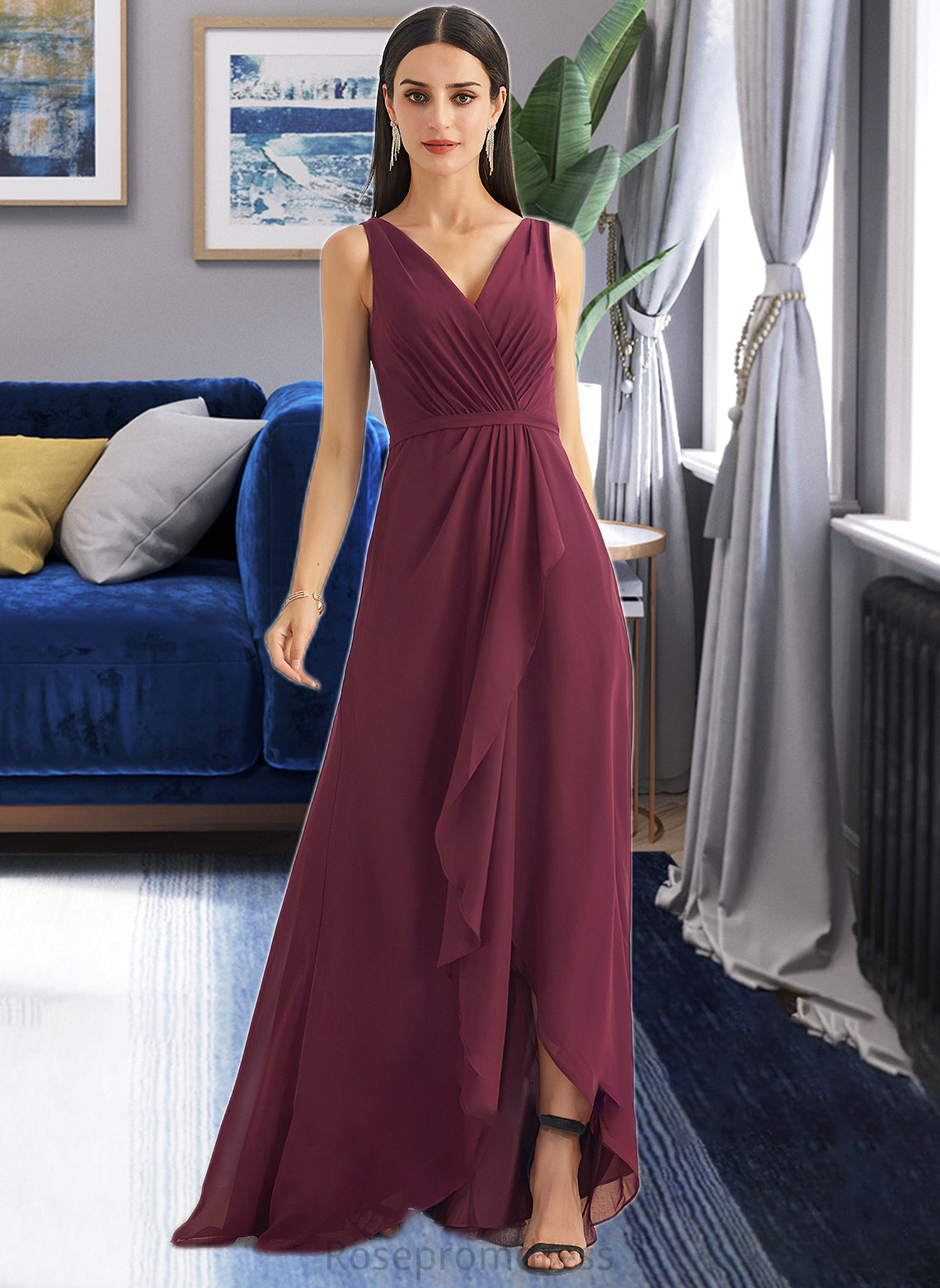 Emmalee A-Line V-neck Asymmetrical Bridesmaid Dress With Split Front SRSP0012824