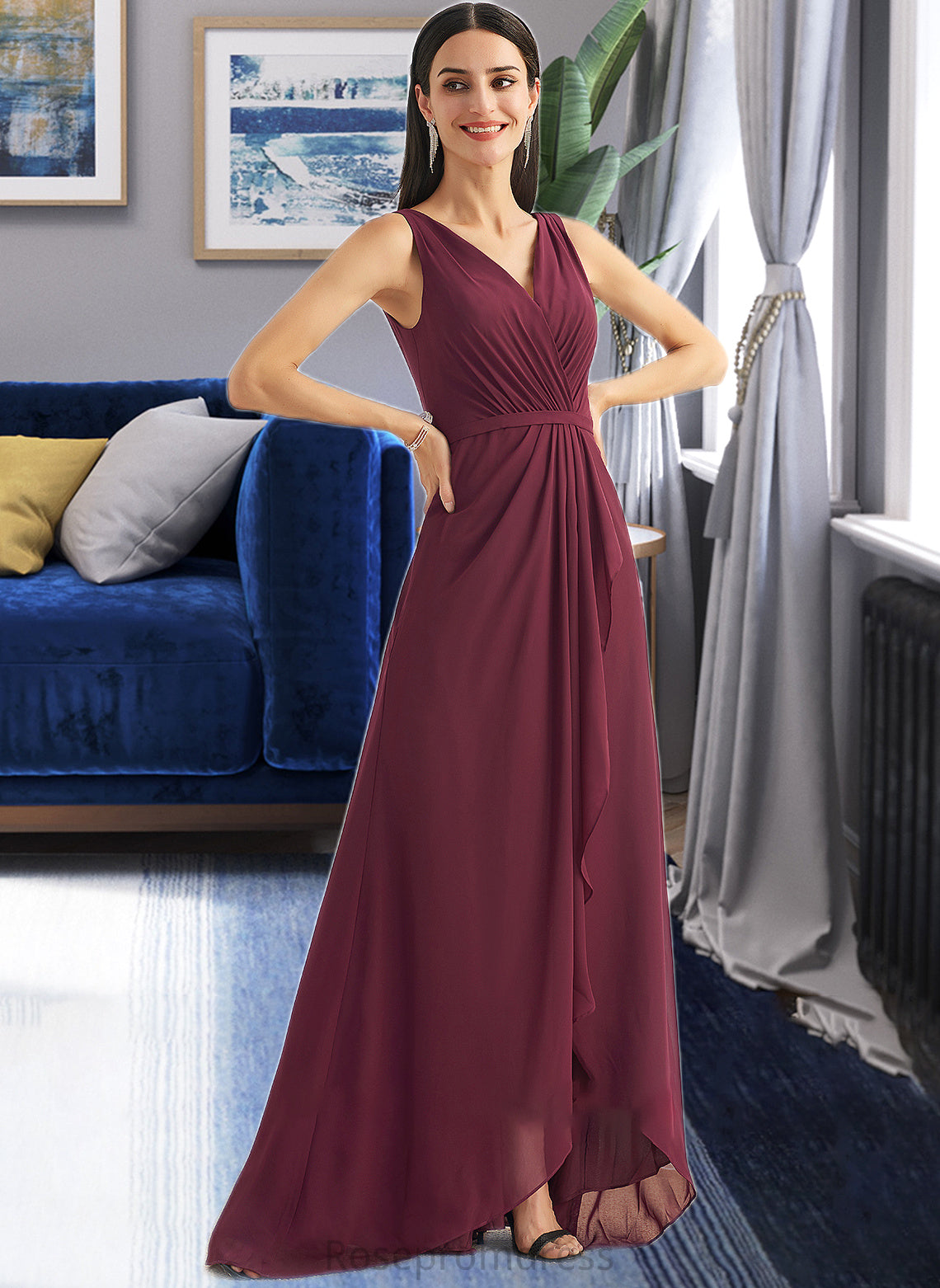 Emmalee A-Line V-neck Asymmetrical Bridesmaid Dress With Split Front SRSP0012824