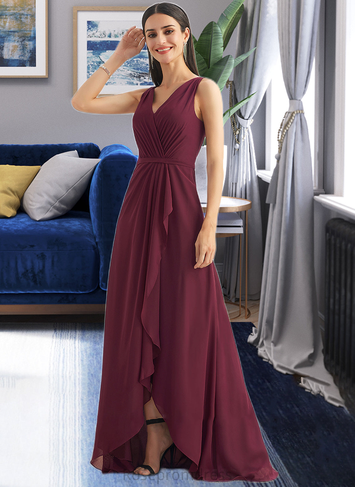 Emmalee A-Line V-neck Asymmetrical Bridesmaid Dress With Split Front SRSP0012824