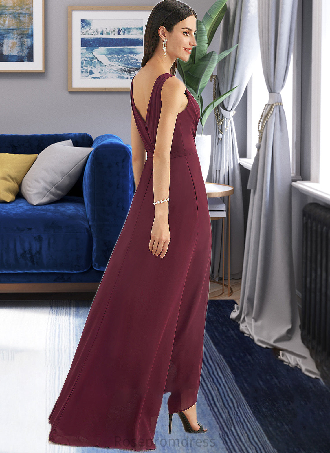 Emmalee A-Line V-neck Asymmetrical Bridesmaid Dress With Split Front SRSP0012824