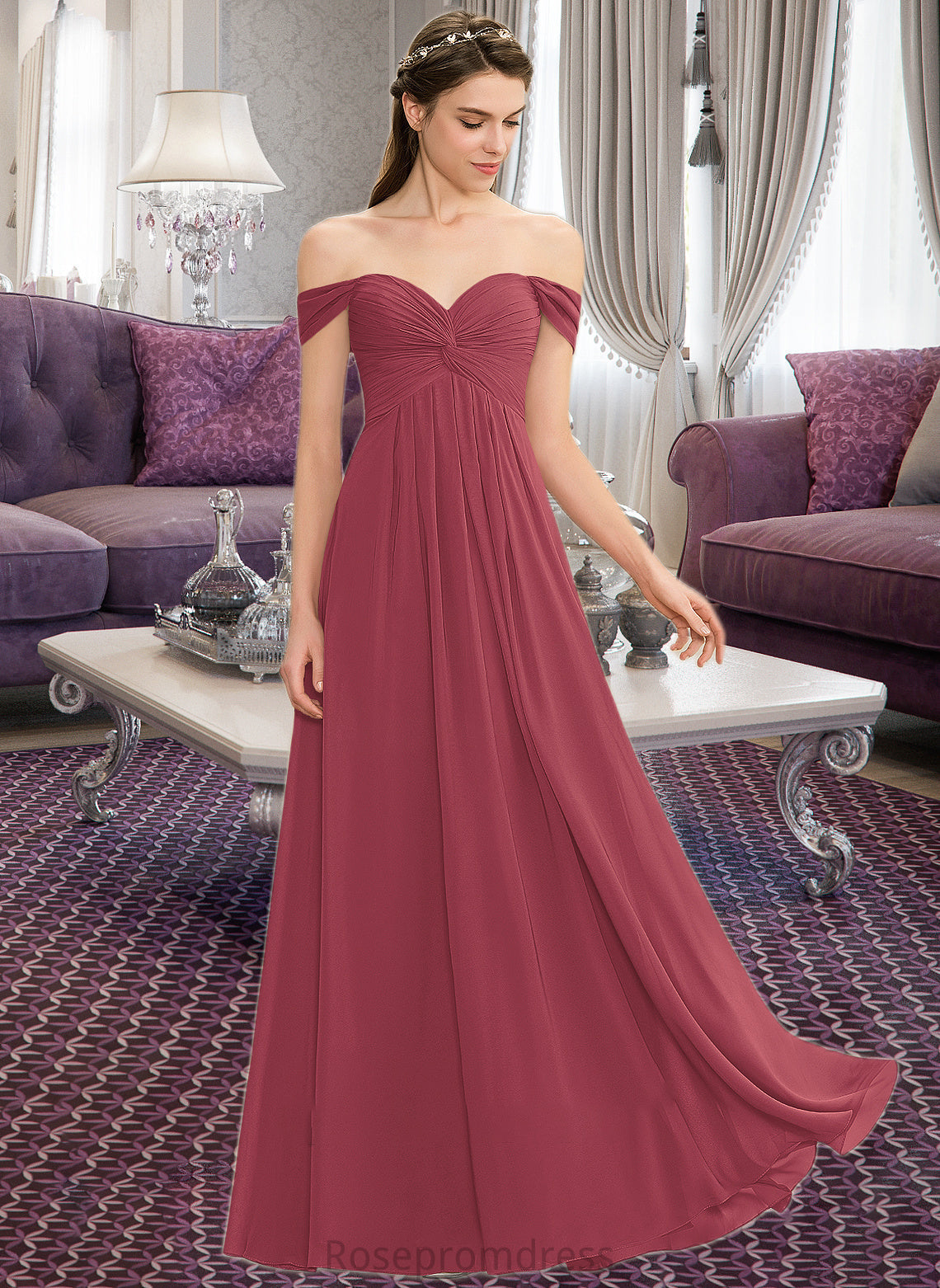 Kasey A-line Off the Shoulder Floor-Length Chiffon Bridesmaid Dress With Ruffle SRSP0012825