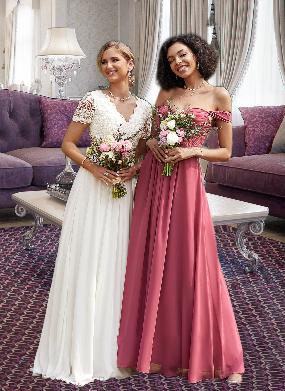 Kasey A-line Off the Shoulder Floor-Length Chiffon Bridesmaid Dress With Ruffle SRSP0012825