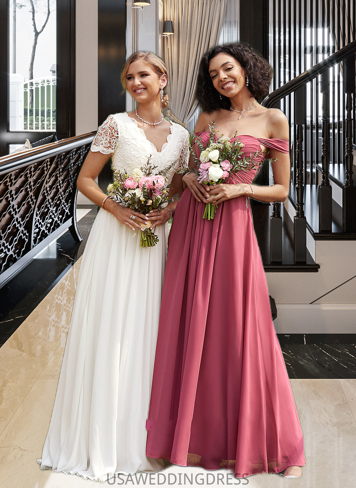 Vivian A-line Off the Shoulder Floor-Length Chiffon Bridesmaid Dress With Ruffle DSP0012825