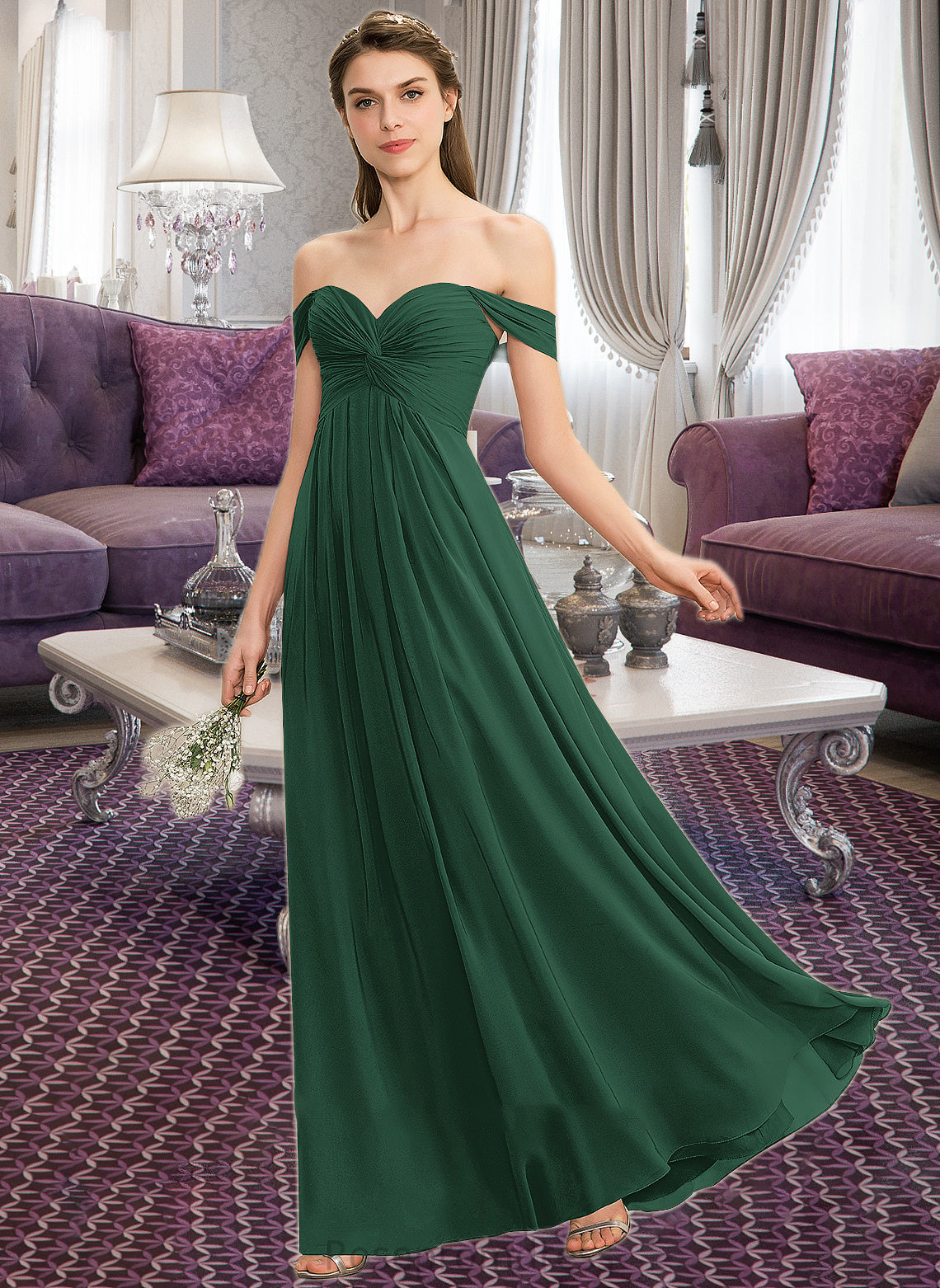 Kasey A-line Off the Shoulder Floor-Length Chiffon Bridesmaid Dress With Ruffle SRSP0012825