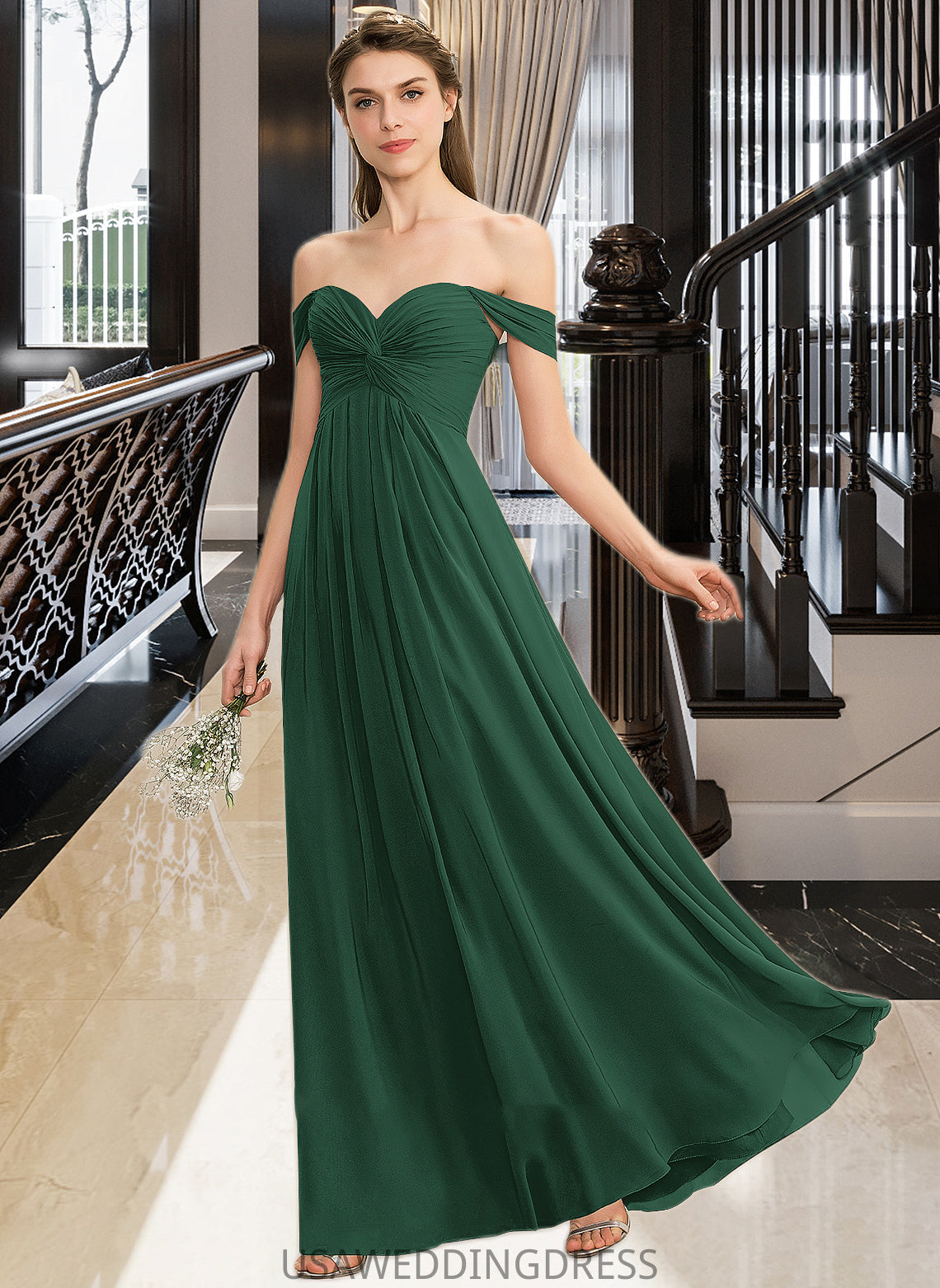 Vivian A-line Off the Shoulder Floor-Length Chiffon Bridesmaid Dress With Ruffle DSP0012825