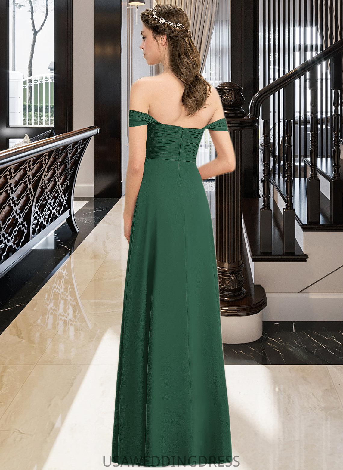 Vivian A-line Off the Shoulder Floor-Length Chiffon Bridesmaid Dress With Ruffle DSP0012825