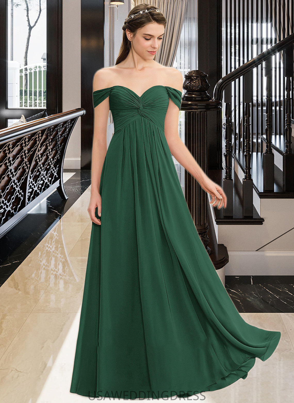 Vivian A-line Off the Shoulder Floor-Length Chiffon Bridesmaid Dress With Ruffle DSP0012825
