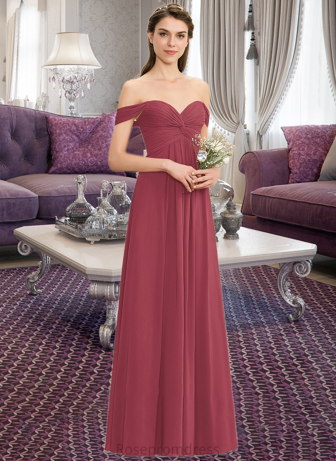 Kasey A-line Off the Shoulder Floor-Length Chiffon Bridesmaid Dress With Ruffle SRSP0012825
