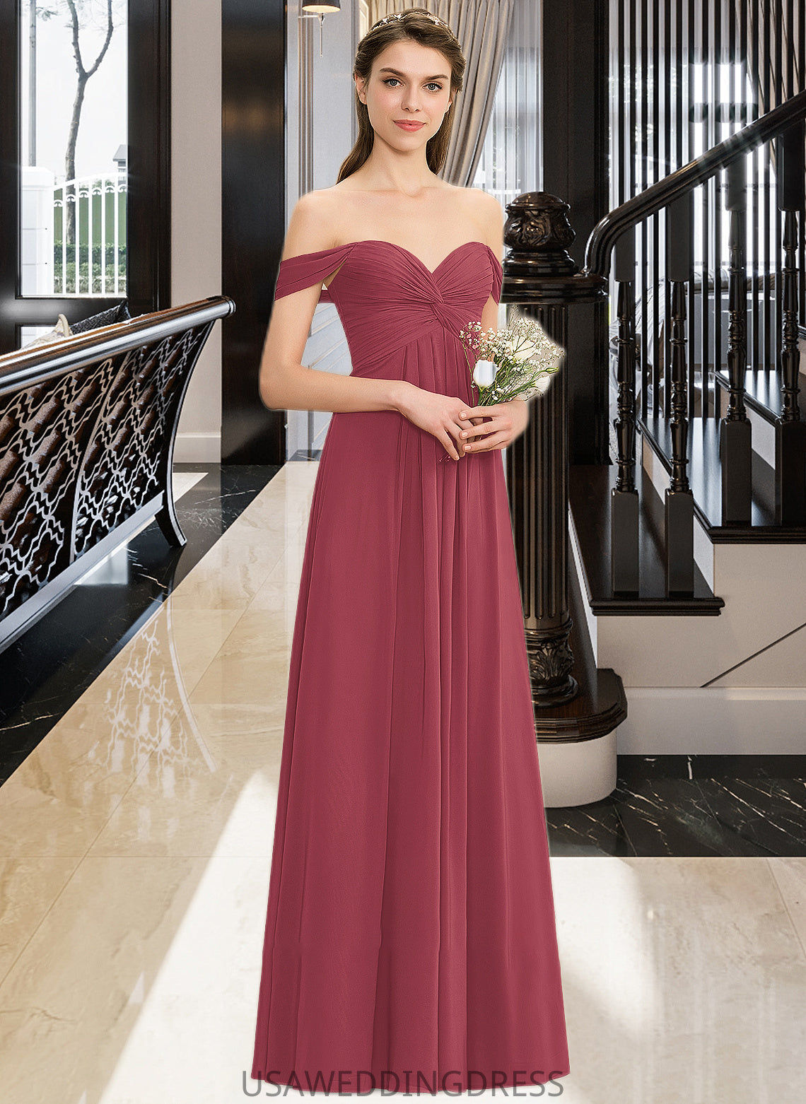 Vivian A-line Off the Shoulder Floor-Length Chiffon Bridesmaid Dress With Ruffle DSP0012825