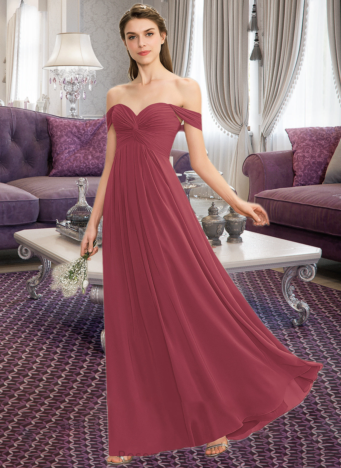 Kasey A-line Off the Shoulder Floor-Length Chiffon Bridesmaid Dress With Ruffle SRSP0012825
