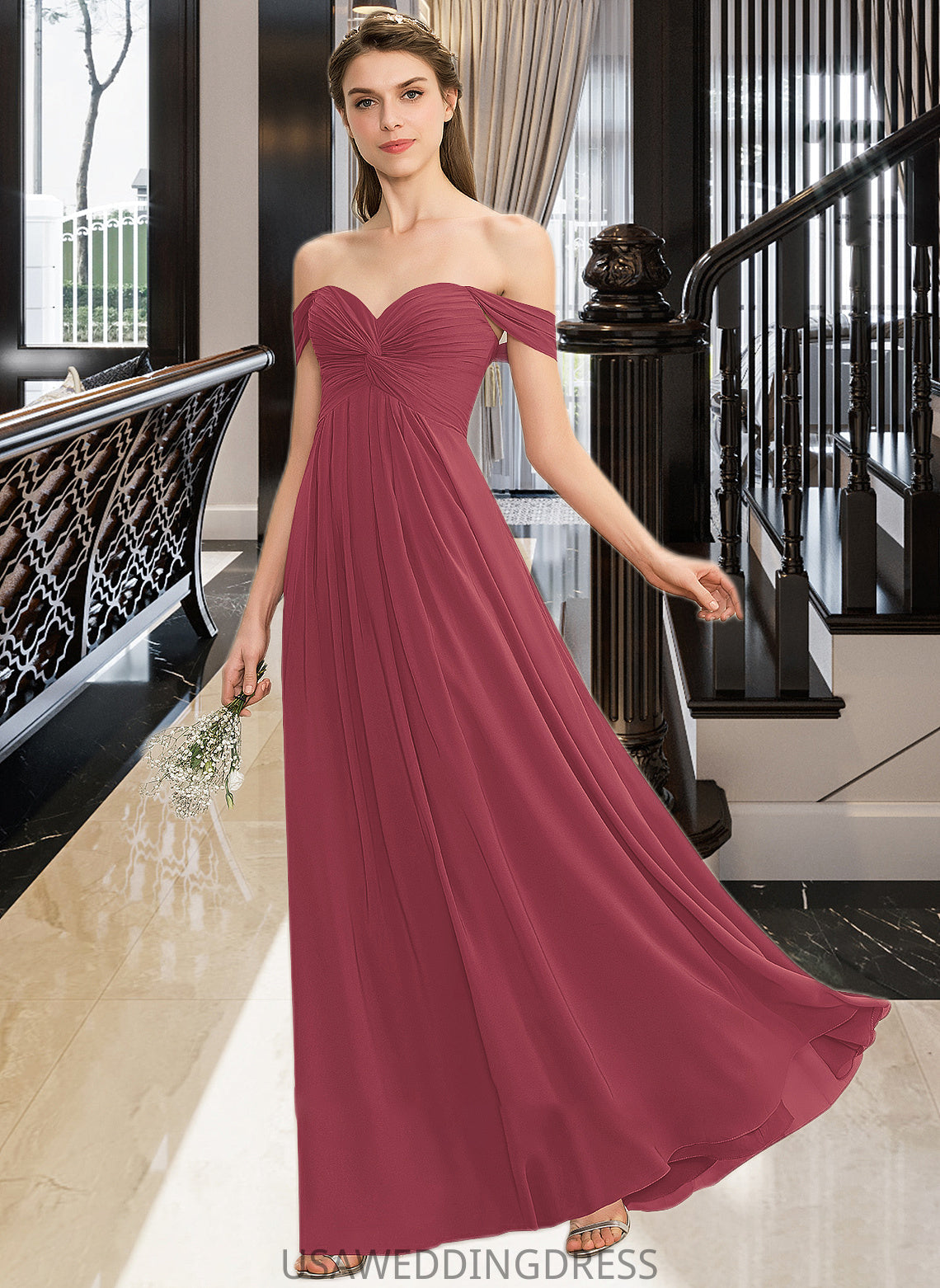 Vivian A-line Off the Shoulder Floor-Length Chiffon Bridesmaid Dress With Ruffle DSP0012825