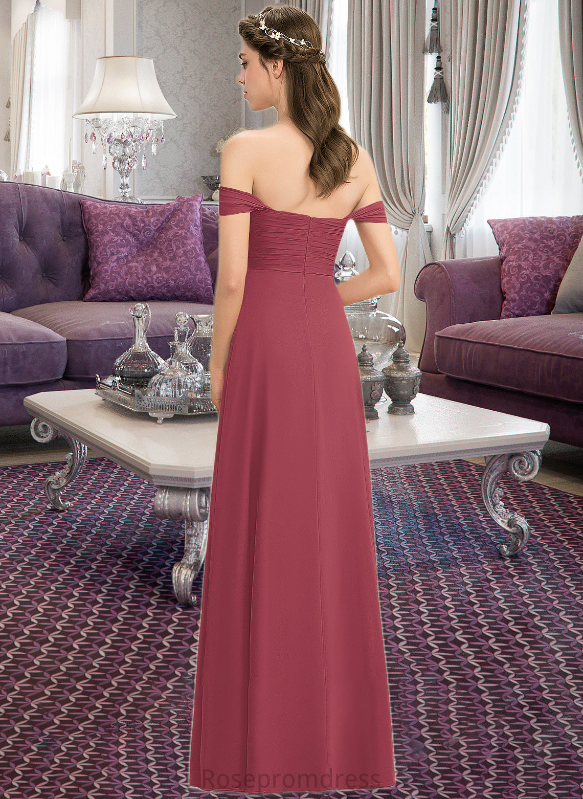 Kasey A-line Off the Shoulder Floor-Length Chiffon Bridesmaid Dress With Ruffle SRSP0012825
