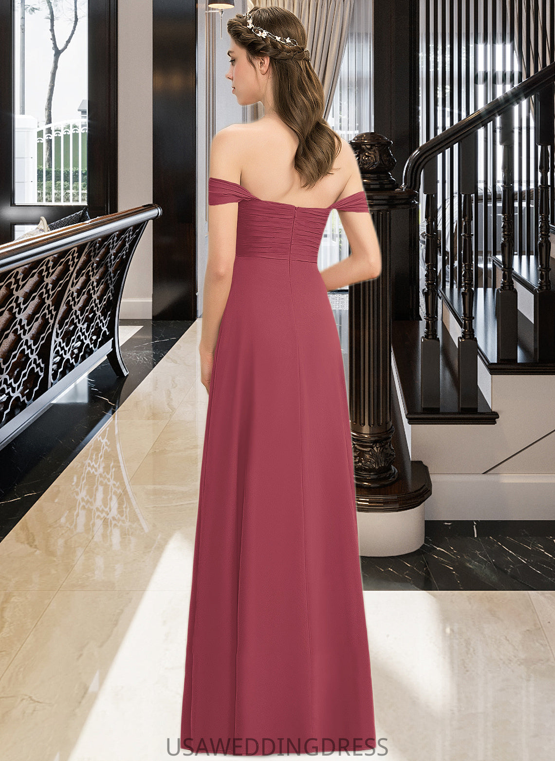 Vivian A-line Off the Shoulder Floor-Length Chiffon Bridesmaid Dress With Ruffle DSP0012825