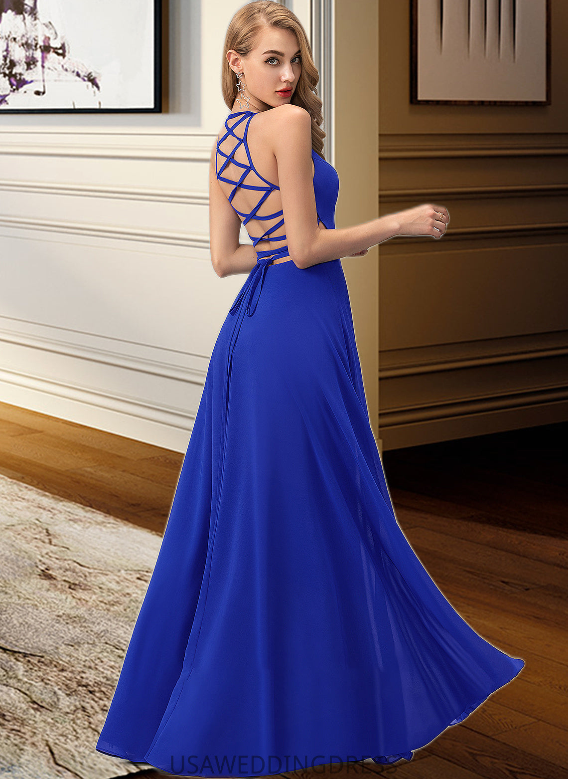 Henrietta A-Line Scoop Neck Floor-Length Chiffon Bridesmaid Dress With Split Front DSP0012826