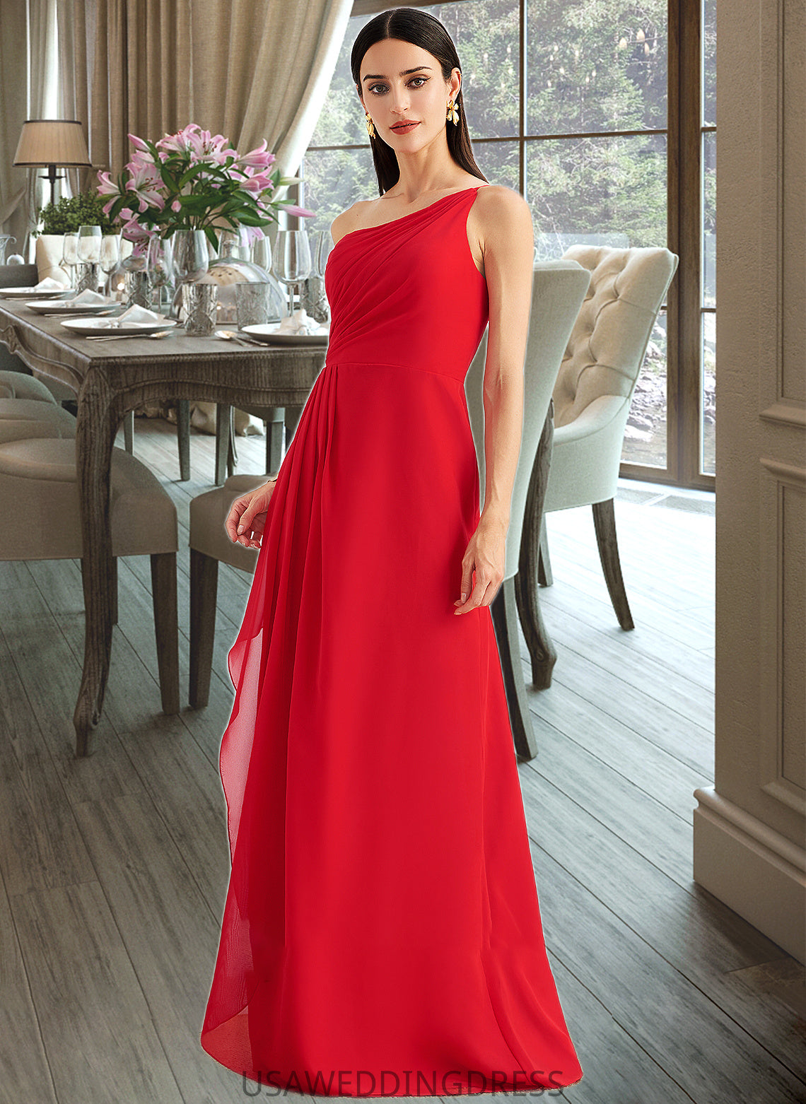Gwendolyn A-Line One-Shoulder Floor-Length Bridesmaid Dress With Ruffle Split Front DSP0012827