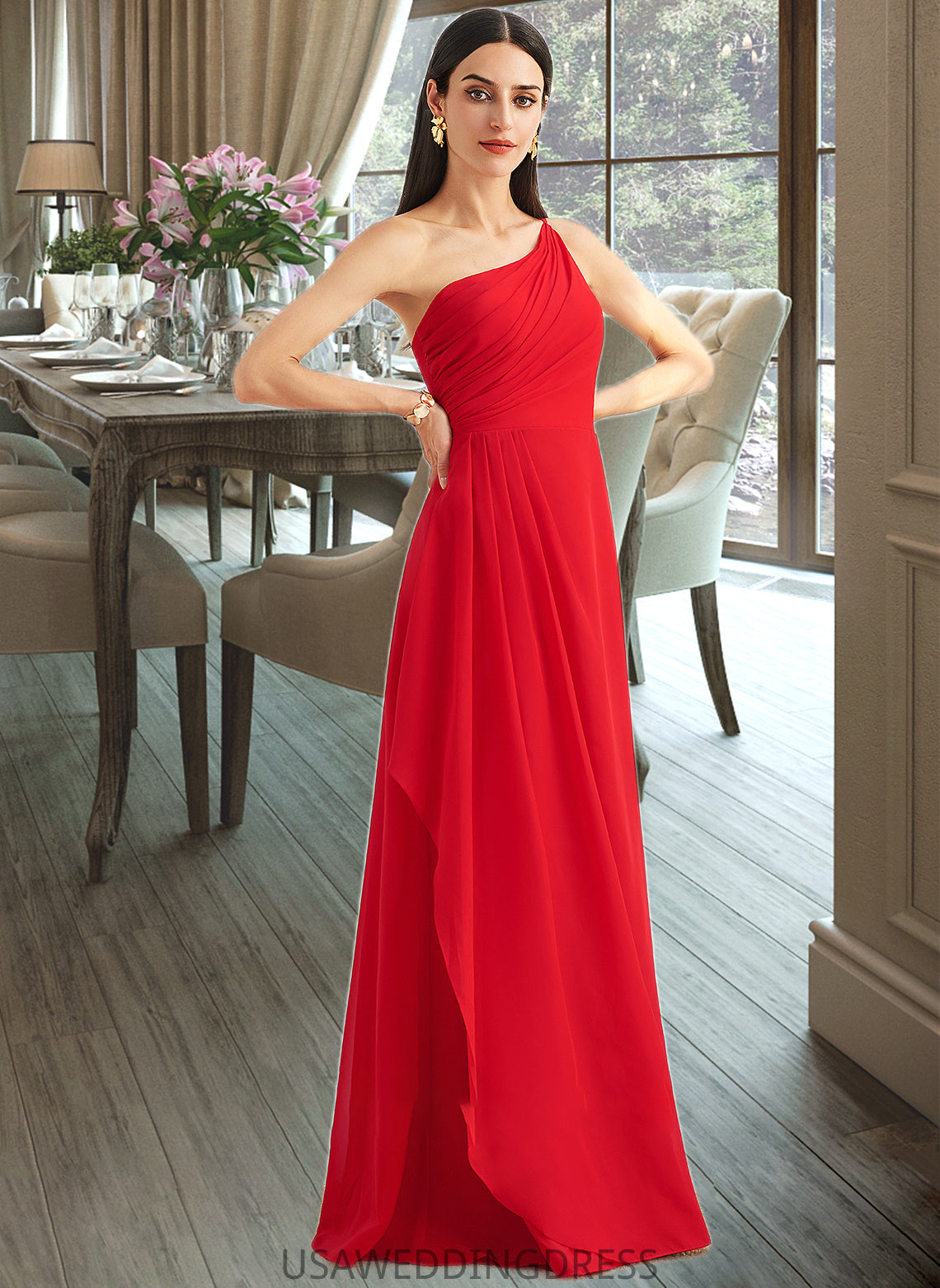 Gwendolyn A-Line One-Shoulder Floor-Length Bridesmaid Dress With Ruffle Split Front DSP0012827