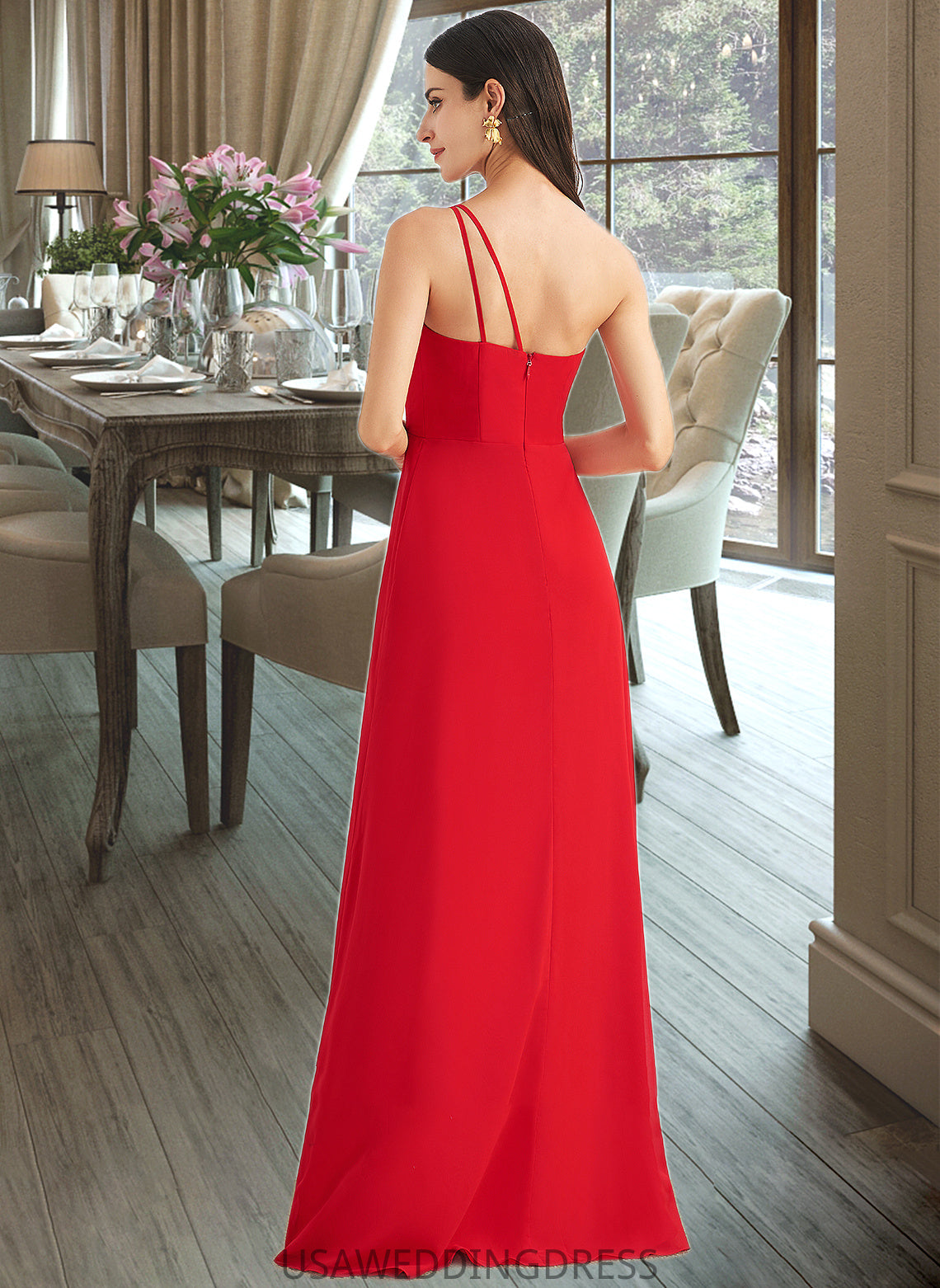 Gwendolyn A-Line One-Shoulder Floor-Length Bridesmaid Dress With Ruffle Split Front DSP0012827