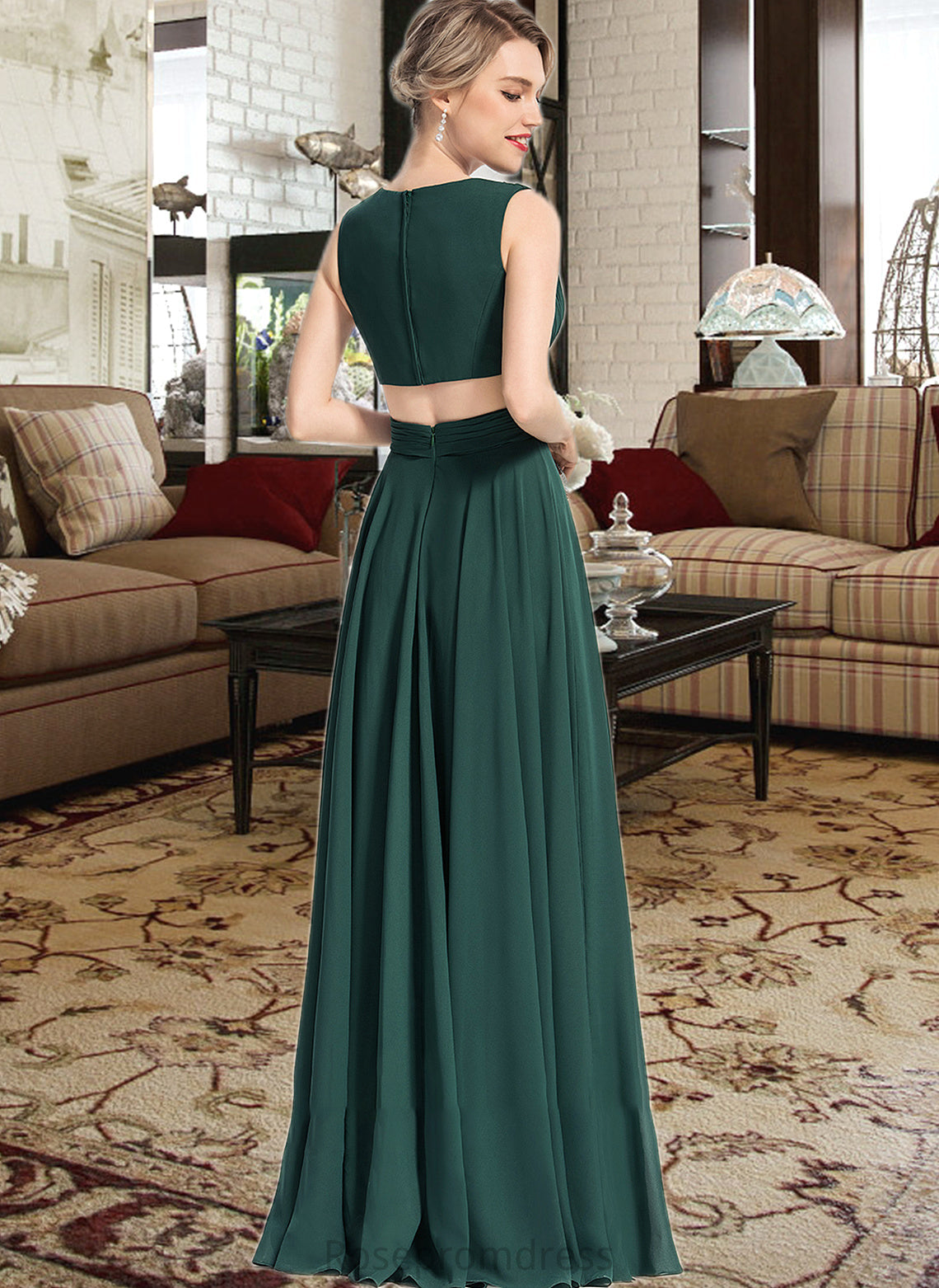 Celeste A-Line V-neck Floor-Length Chiffon Bridesmaid Dress SRSP0012828