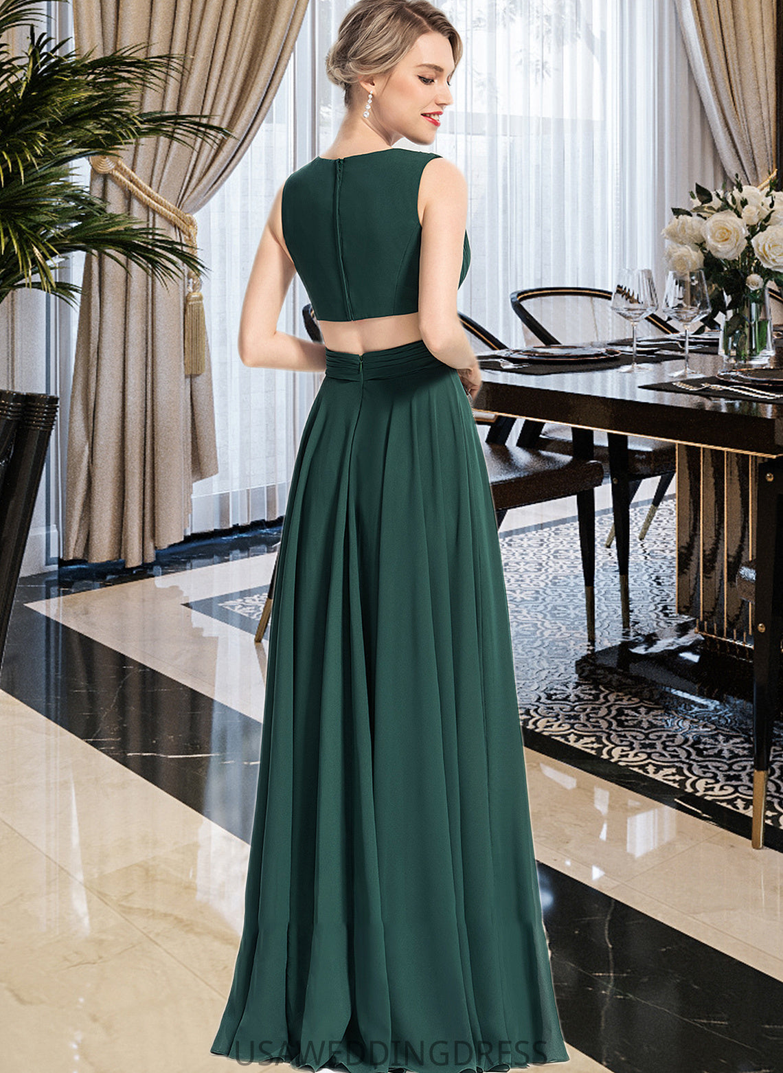 Lilly A-Line V-neck Floor-Length Chiffon Bridesmaid Dress DSP0012828