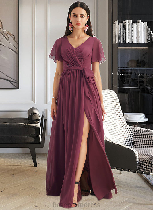 Carolina A-Line V-neck Floor-Length Bridesmaid Dress With Split Front SRSP0012829