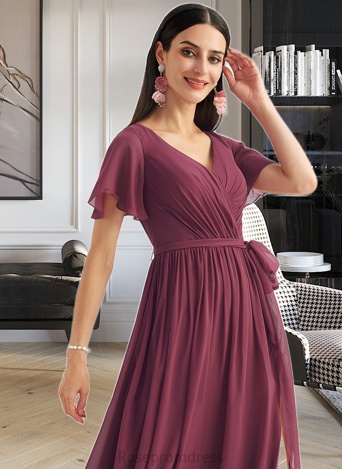 Carolina A-Line V-neck Floor-Length Bridesmaid Dress With Split Front SRSP0012829