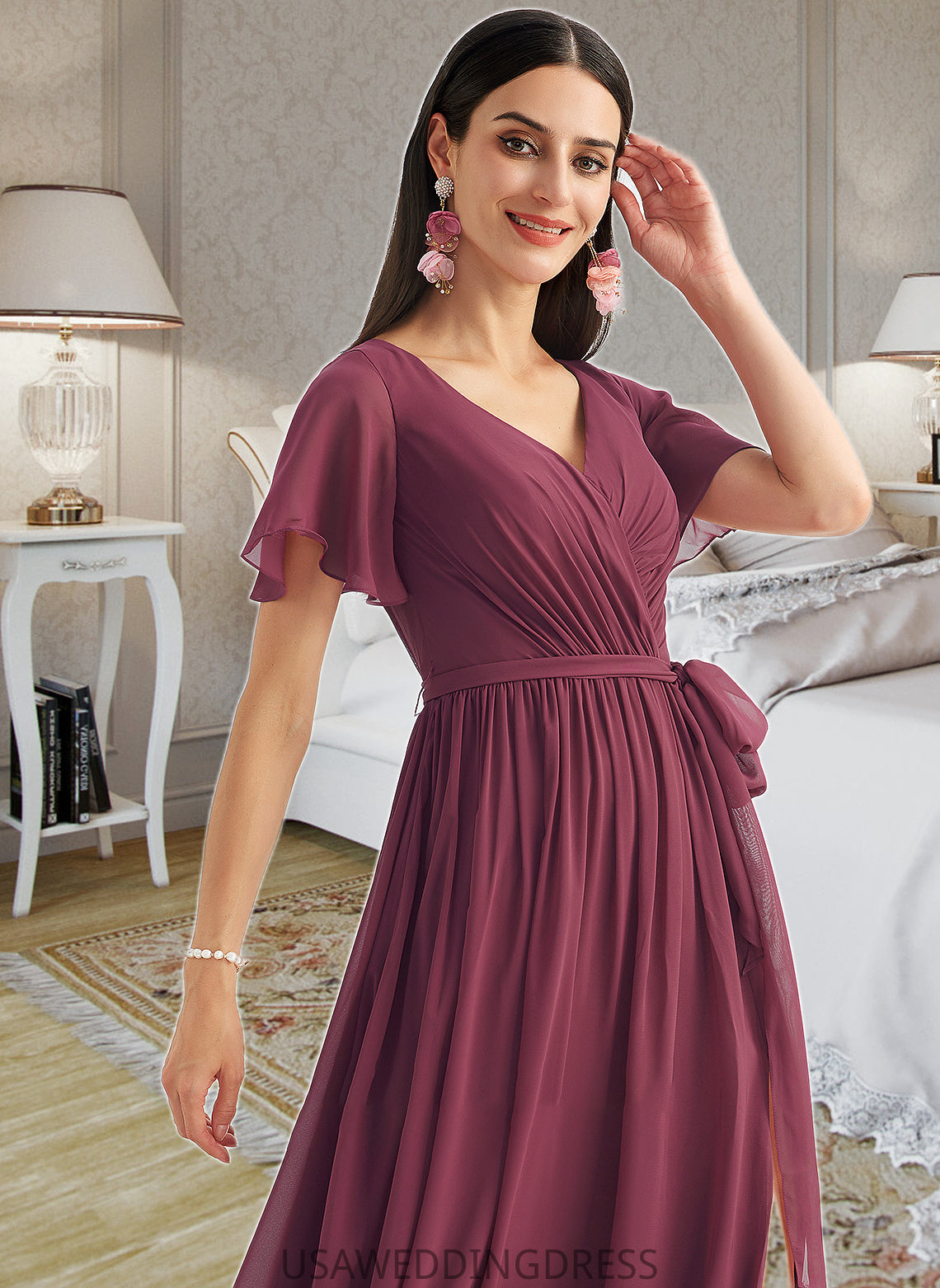 Shyla A-Line V-neck Floor-Length Bridesmaid Dress With Split Front DSP0012829