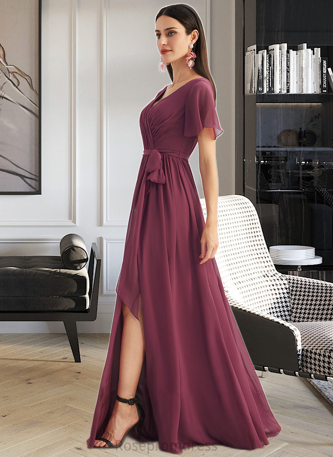 Carolina A-Line V-neck Floor-Length Bridesmaid Dress With Split Front SRSP0012829