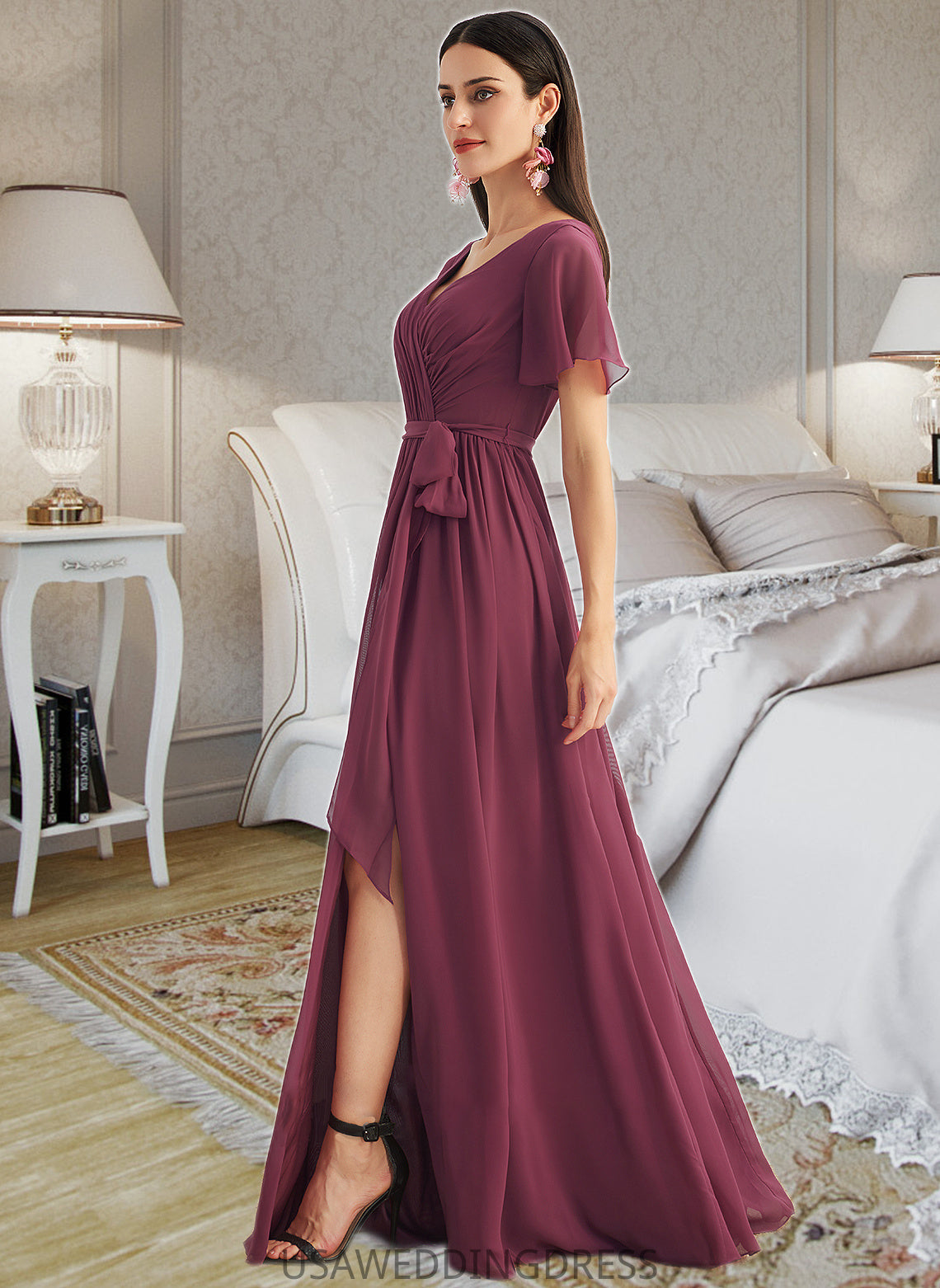 Shyla A-Line V-neck Floor-Length Bridesmaid Dress With Split Front DSP0012829